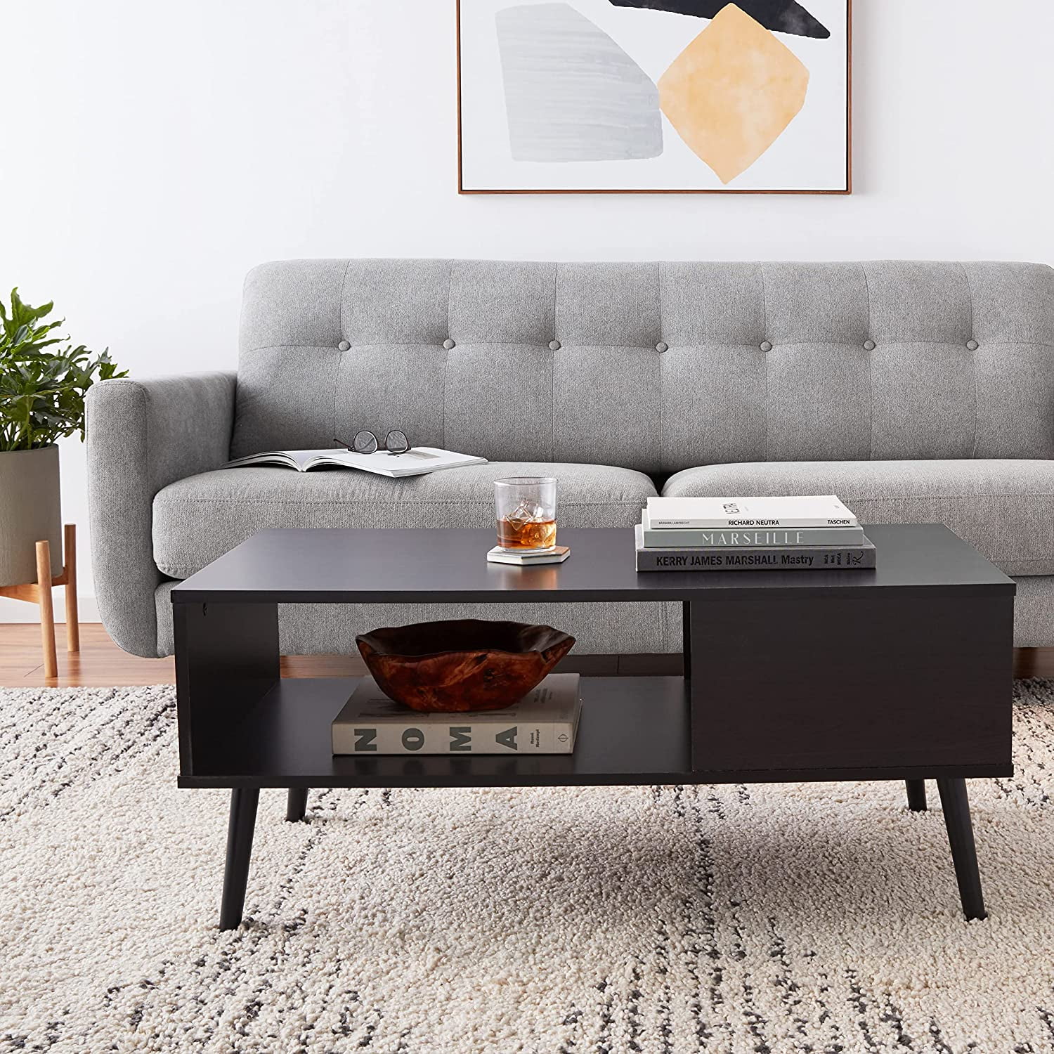 Furinno Claude Mid Century Style Coffee Table with Wood Legs, Espresso