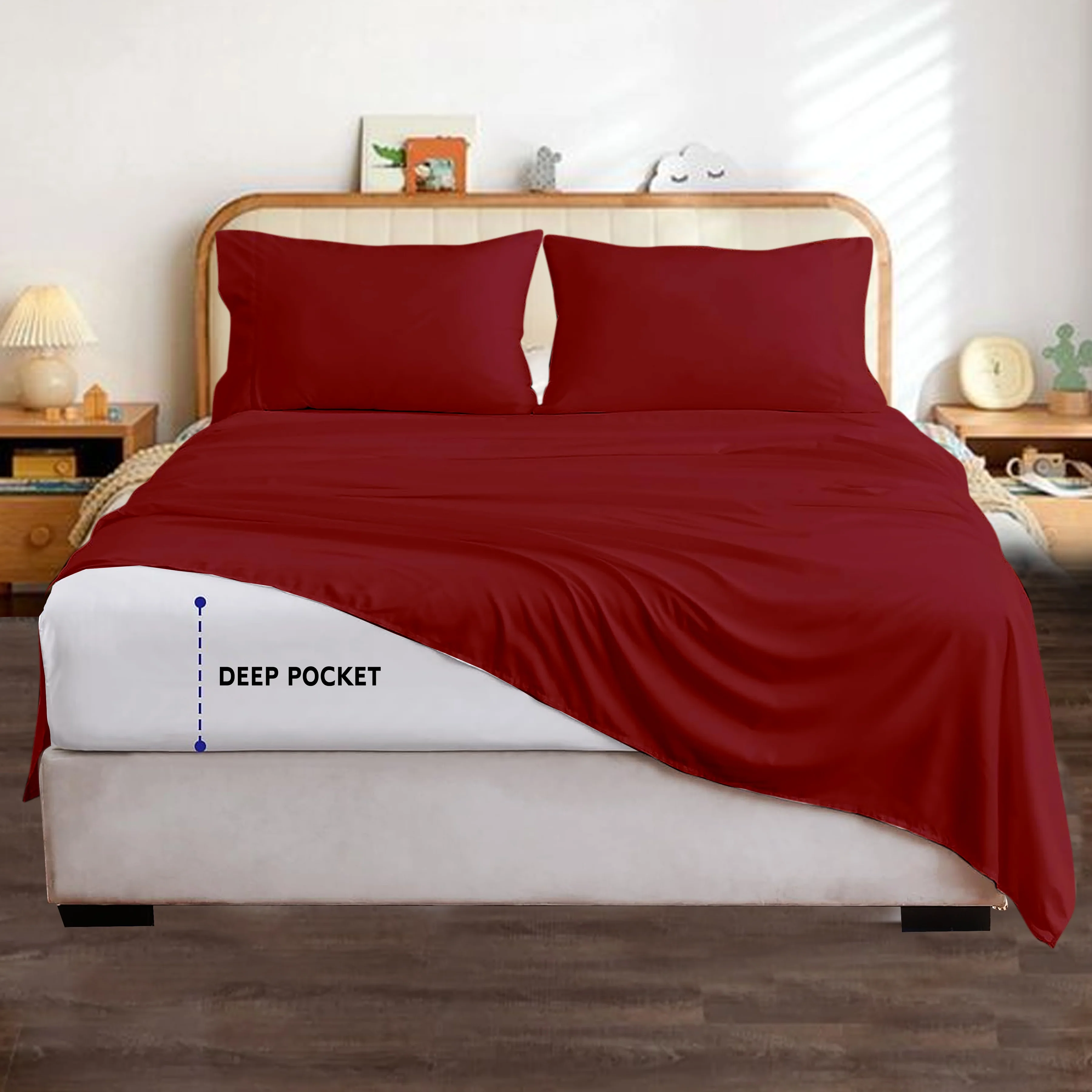 Vegas Premium Bed Sheets 100% Egyptian Cotton 400 Thread Count 4 Piece { Burgundy, Solid } Sheet Set Fits Up to 16-18