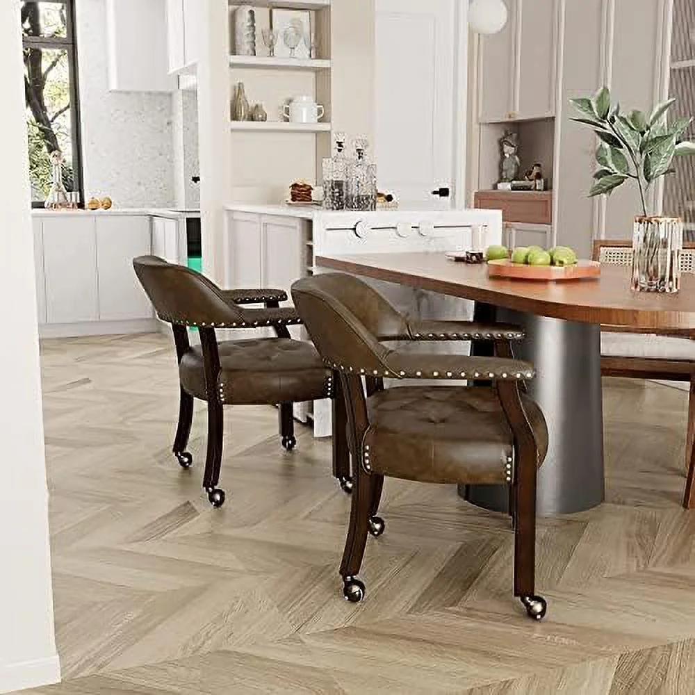 GEROBOOM Dining Chair with Casters  Kitchen Table Chair with Caster & Arms  Roller Poker Table Chairs with Wheels  Wood Captains Game Table Rolling Chairs(Cherry&Purplish Blue 153