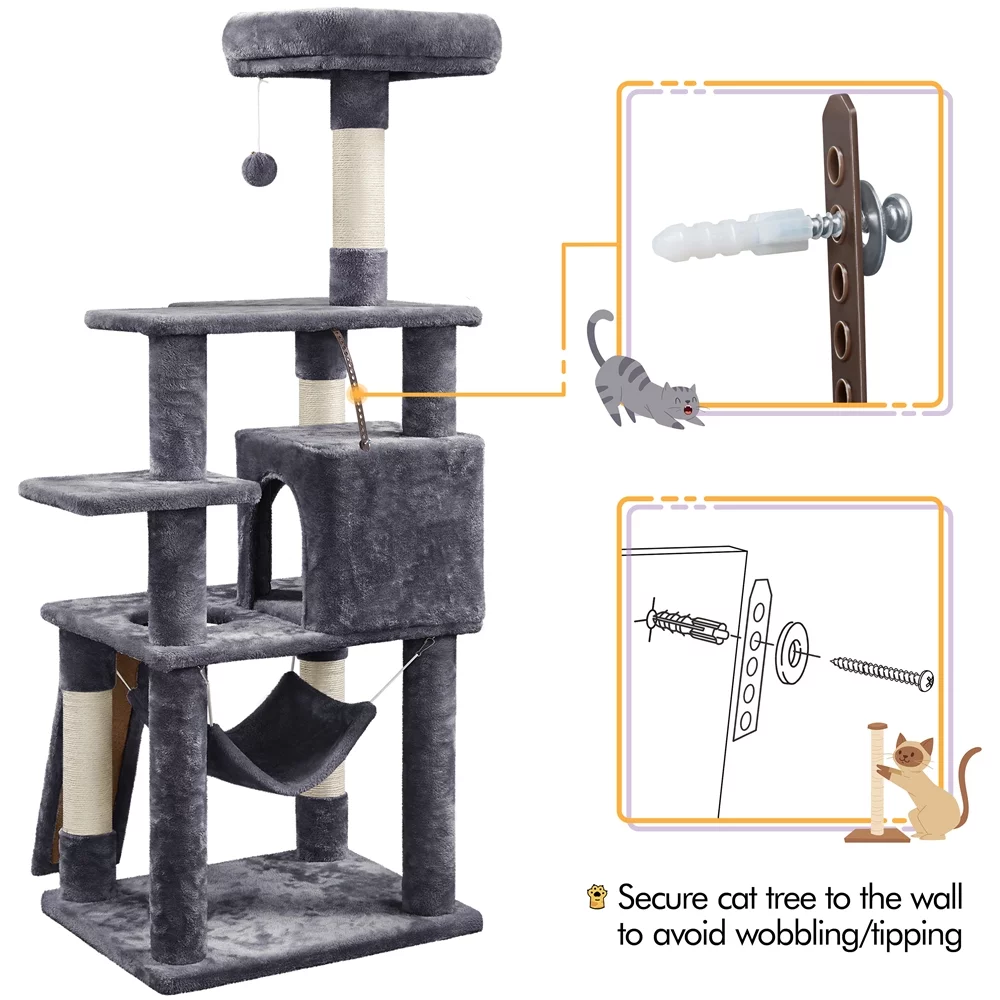 Topeakmart 60.5-in Multilevel Cat Tree Condo Scratching Posts with Hammock Top Perch, Dark Gray