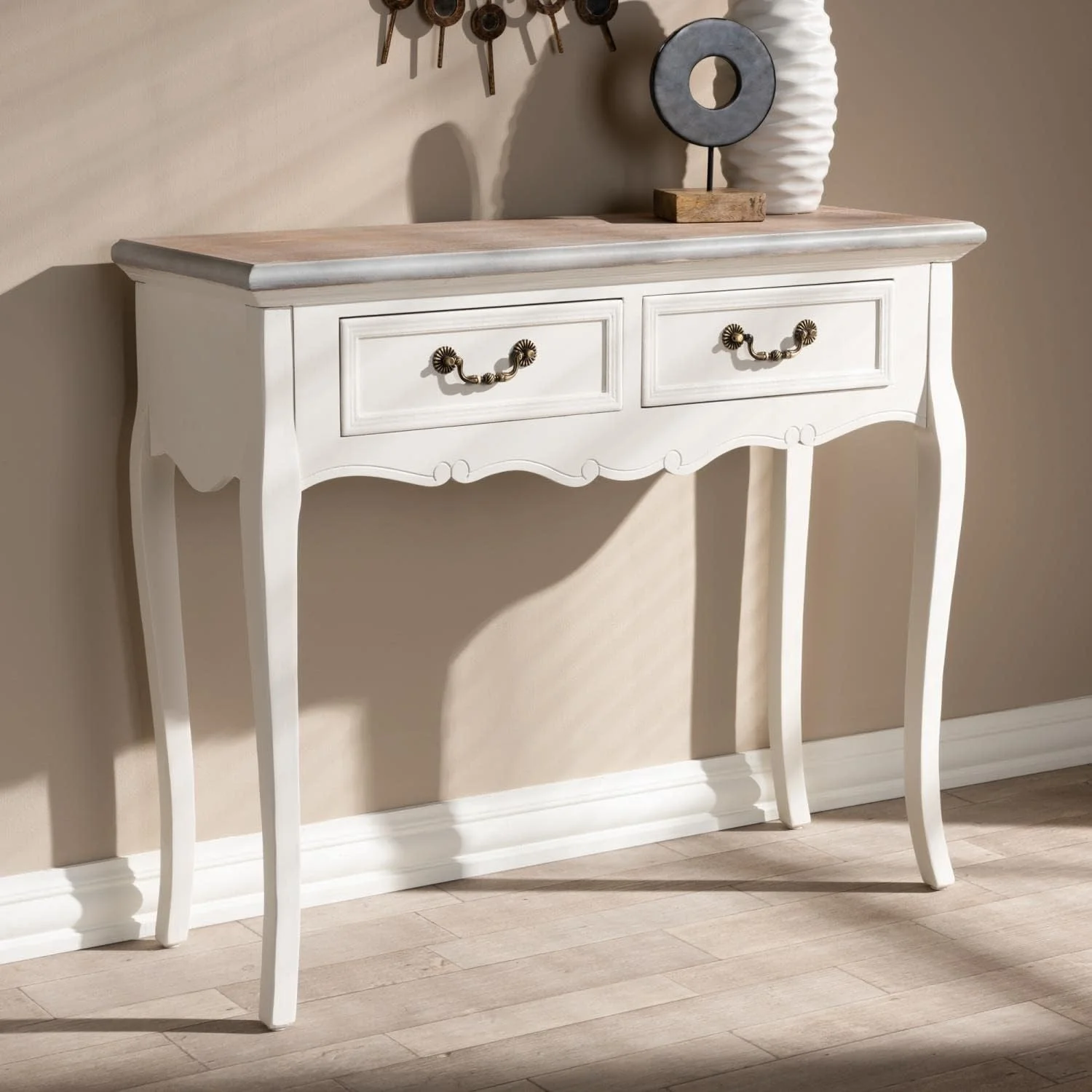 HOOMHIBIU Capucine Antique French Country Cottage Two Tone Natural Whitewashed Oak and White Finished Wood 2-Drawer Console Table