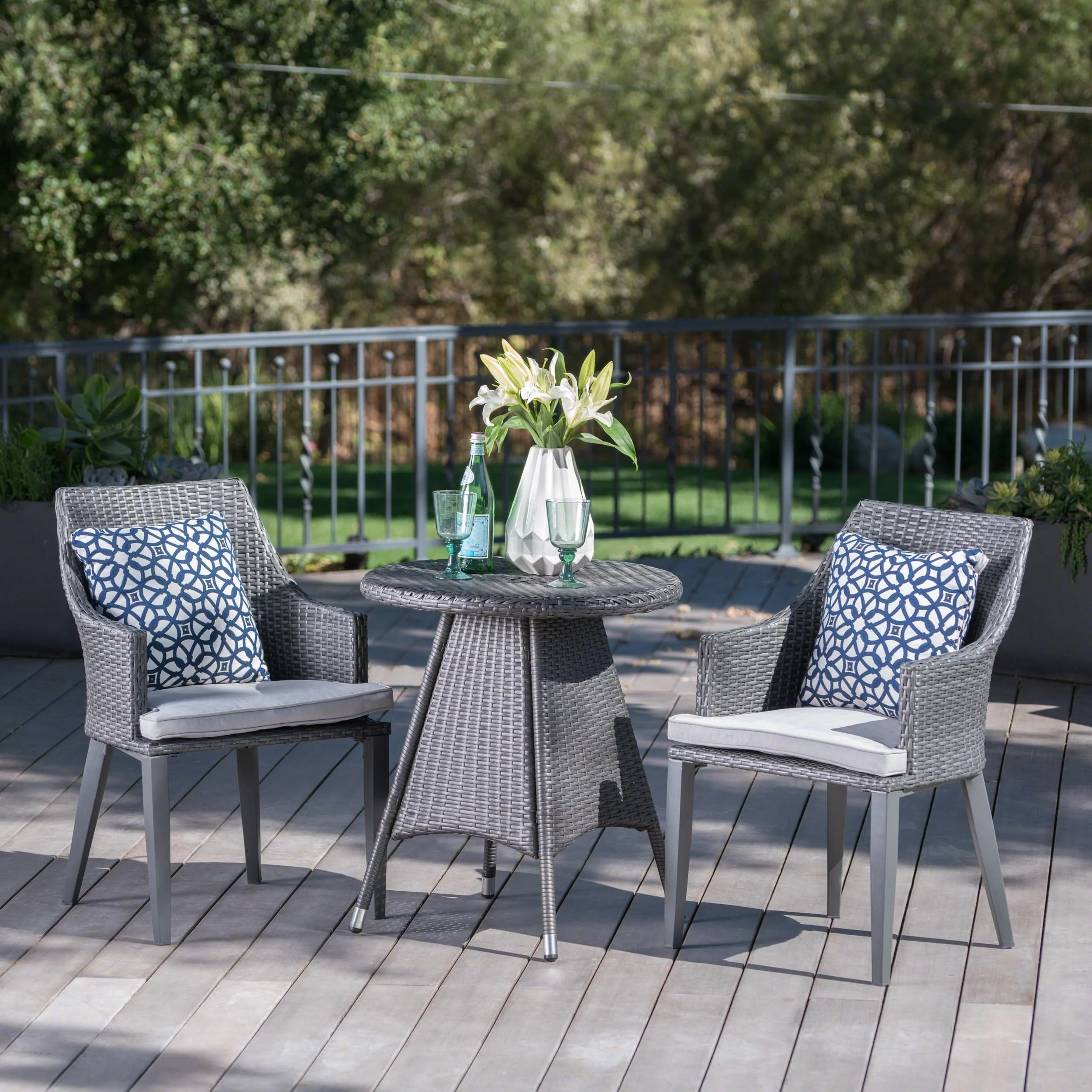 Hillsdale Outdoor 3 Piece Wicker Round Bistro Set with Cushions, Grey