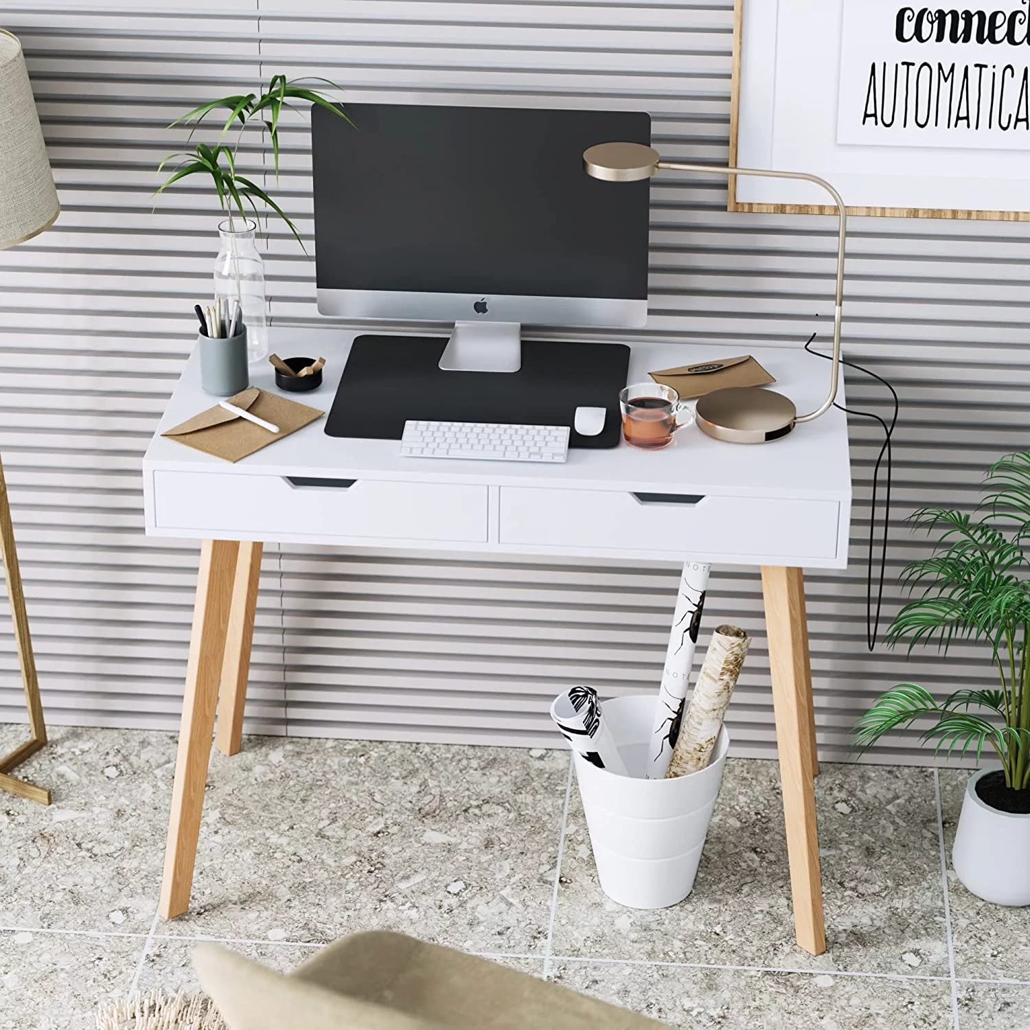 White Computer Writing Desk with 2 Drawers, Modern Home Office Desk with 4 Oak Legs, Small Makeup Vanity Table Desk Console Study Table