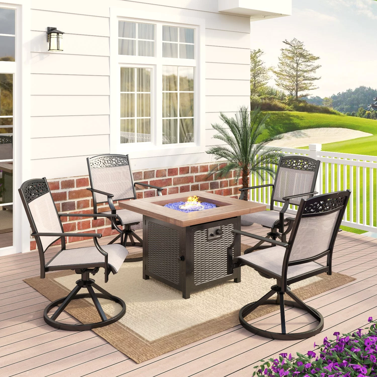 MF Studio 5 Pieces Patio Gas Fire Pit Set, a Fire Pit Table with LidPit & 4 Pieces Outdoor Swivel Chairs for Yard
