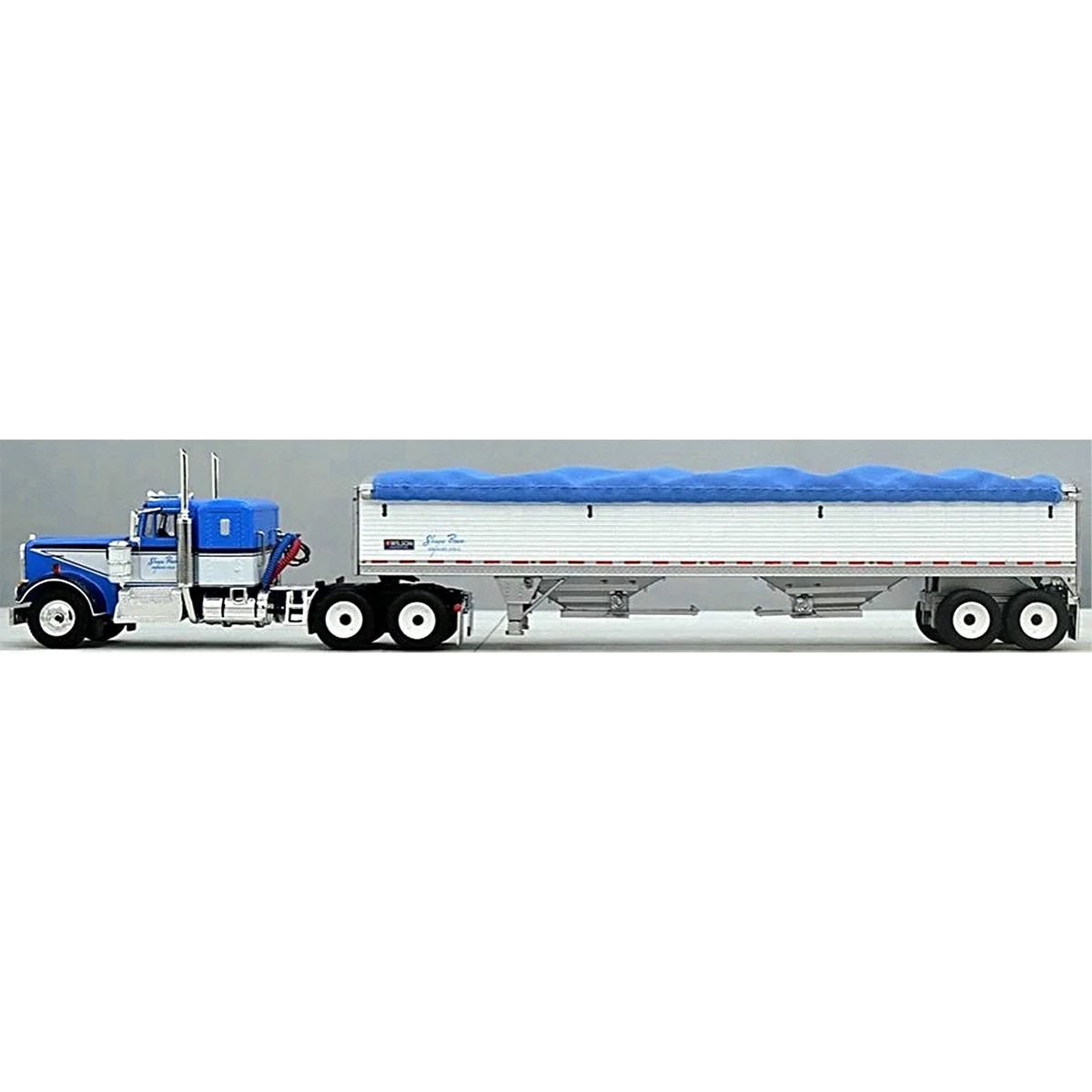 First Gear DCP 1/64 Blue Kenworth W900A w/ 36in Sleeper & Wilson Pacesetter White 43ft Low Sided Grain Trailer Shupe Bros 60-1582