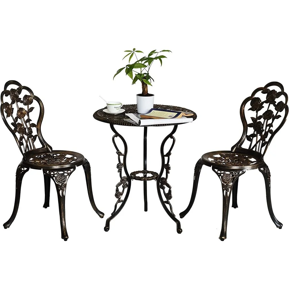 Patio Cast Aluminum Bistro Set with Umbrella Hole 3pcs-DarkBronze-Flower