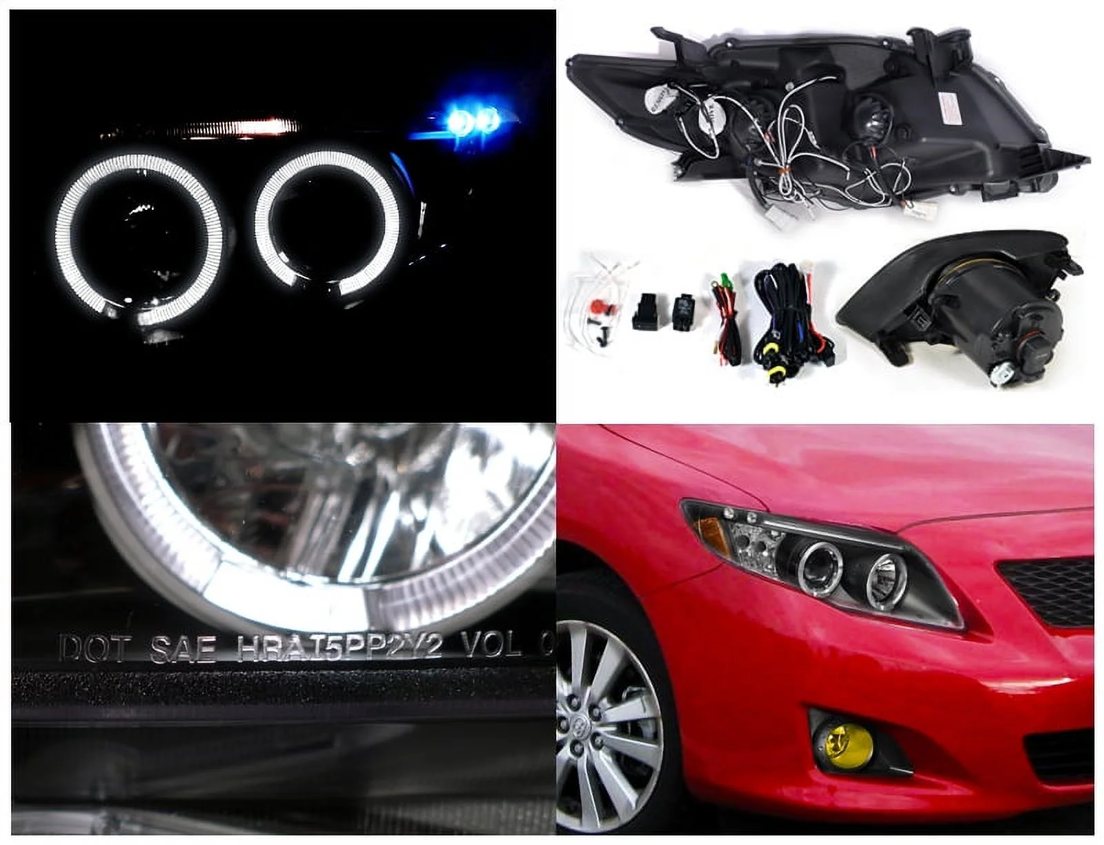 Spec-D Tuning Black Halo LED Projector Headlights + Smoke Bumper Fog Lights Compatible with Corolla 4 Door Sedan Left + Right Pair Headlamps Assembly