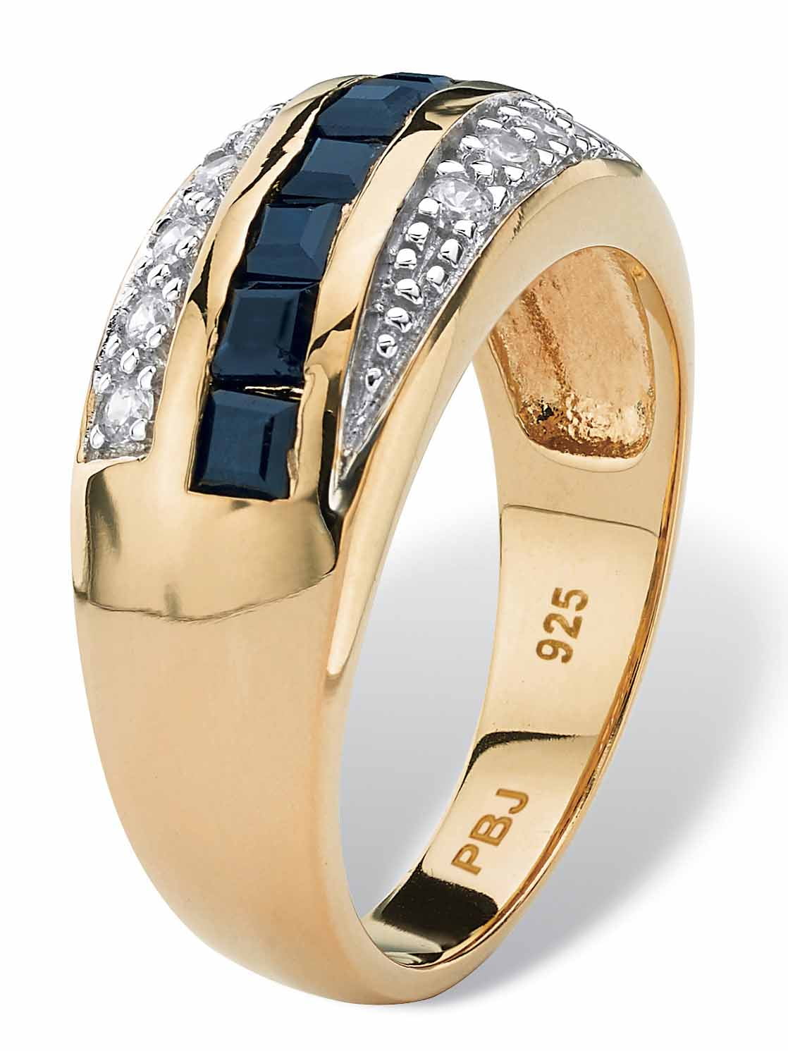 PalmBeach Jewelry Men's Square Cut Genuine Red Garnet Blue Sapphire or White Cubic Zirconia and CZ Channel Set Ring 14k Gold Plated .925 Silver