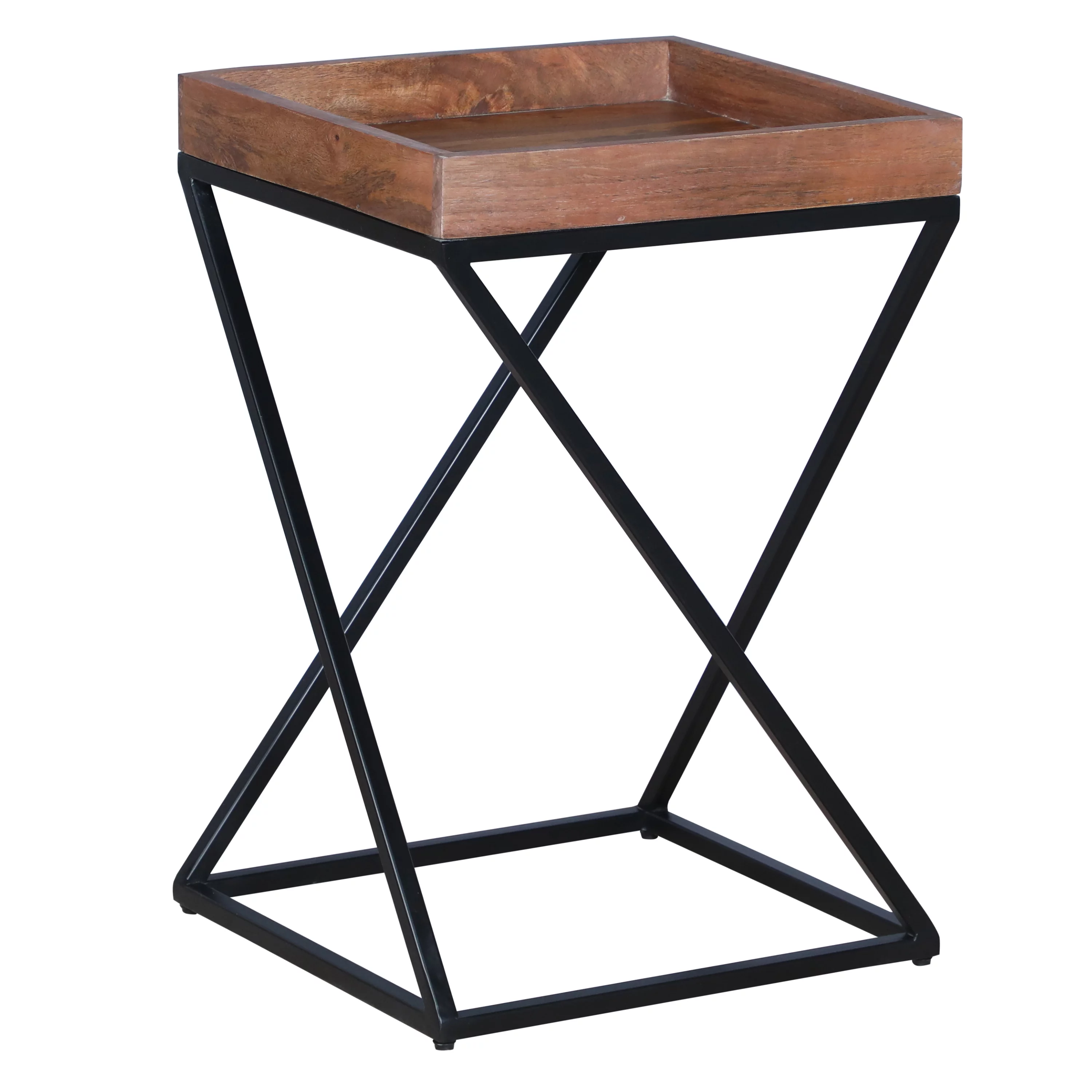 22 Inch Industrial End Side Table with Mango Wood Tray Top, X Shape Iron Frame, Brown, Black