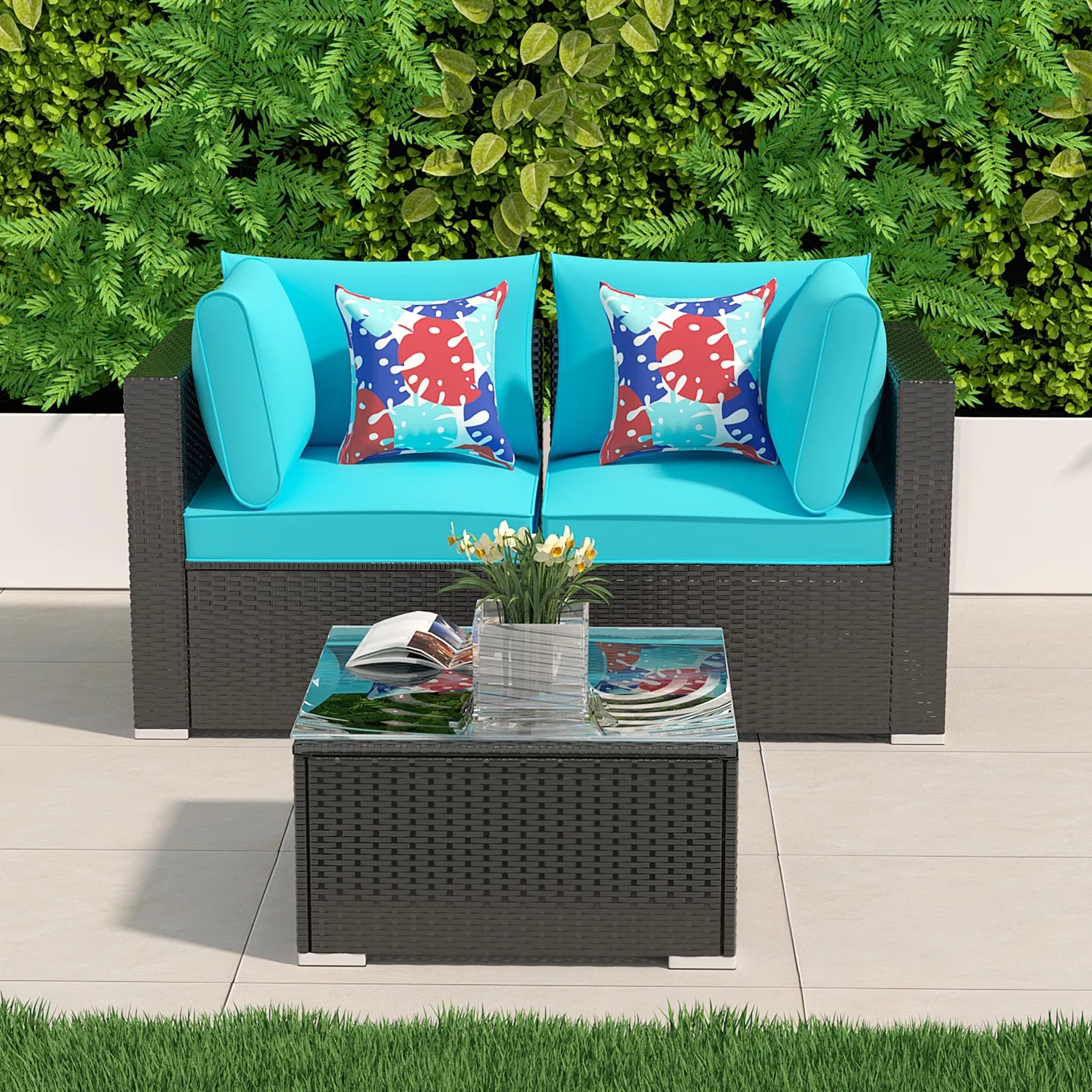 Ainfox 3 Pieces Outdoor Steel Frame Patio Furniture Sofa Set, Patio Conversation Set(Blue）