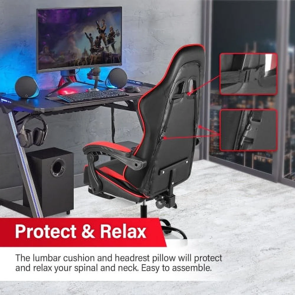 Racing Video Backrest and Seat Height Recliner Gaming Office High Back Computer Ergonomic Adjustable Swivel Chair, With footrest, Black/red