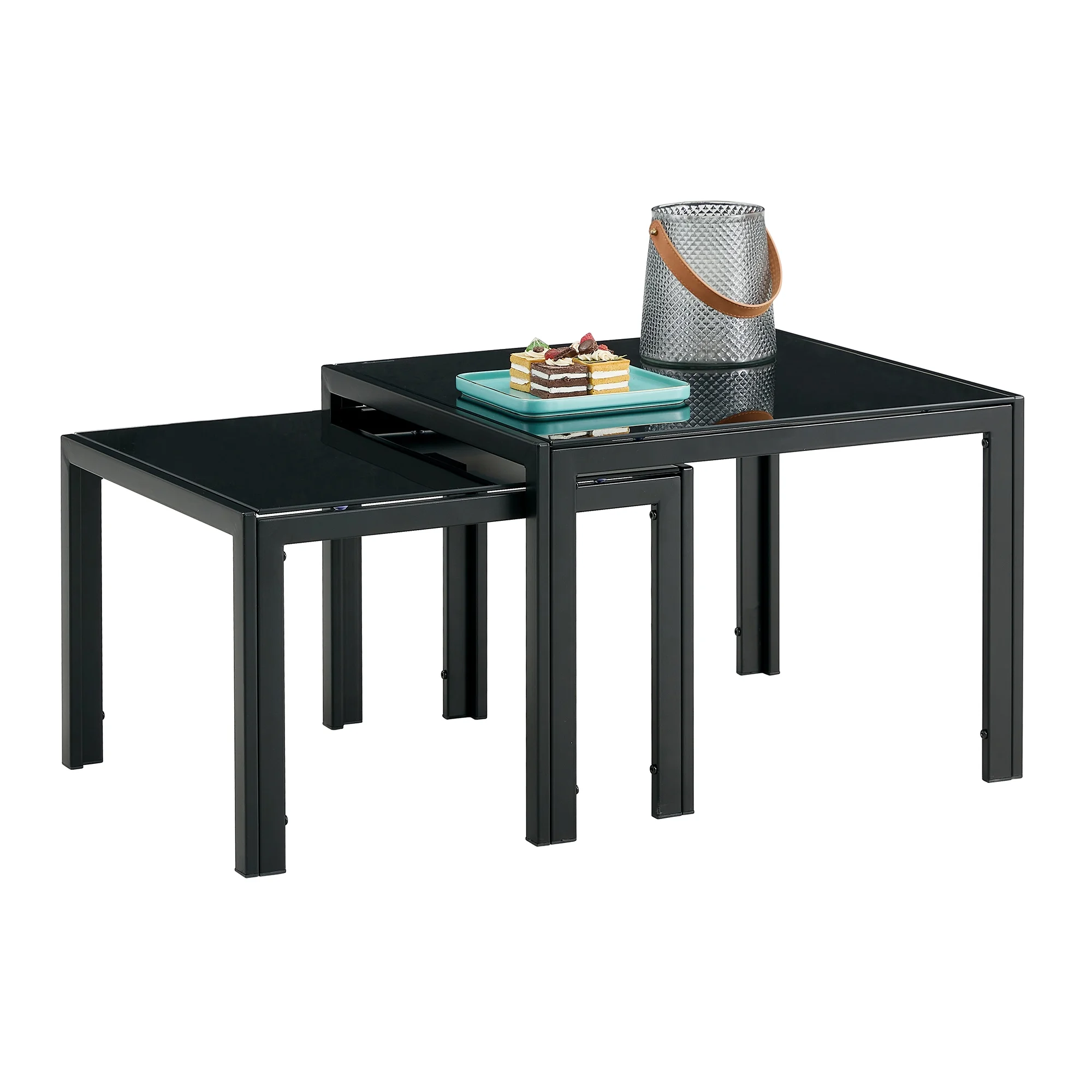 Smilegend Modern Black Square Nesting Coffee Table Set of 2 with Tempered Glass Finish, Stacking Tables
