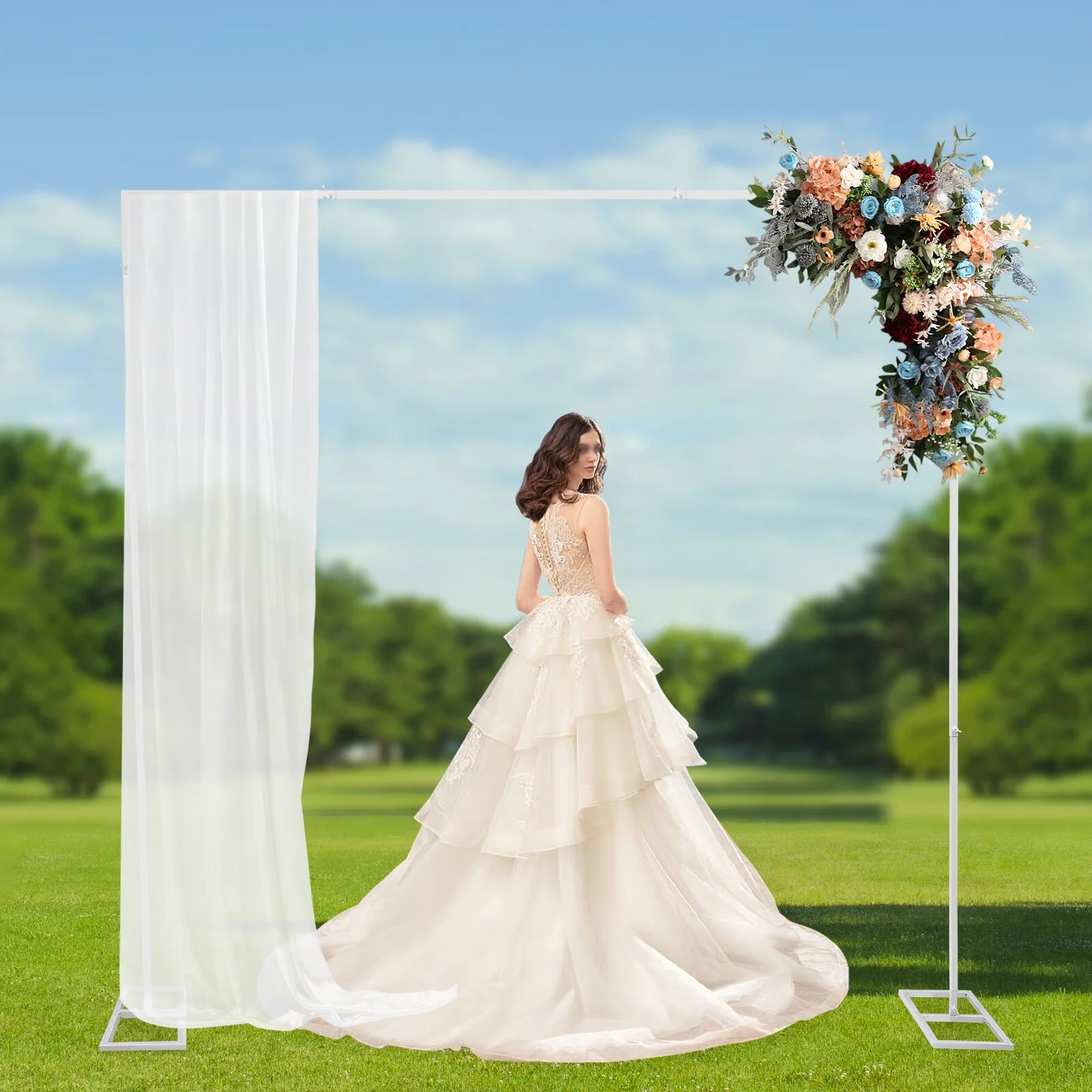 Aiqidi 7.87*7.87Ft White Wedding Arch Stand Square Background Stand Floor Standing Metal Display Holder with Base for Birthday Party Banquet Decoration
