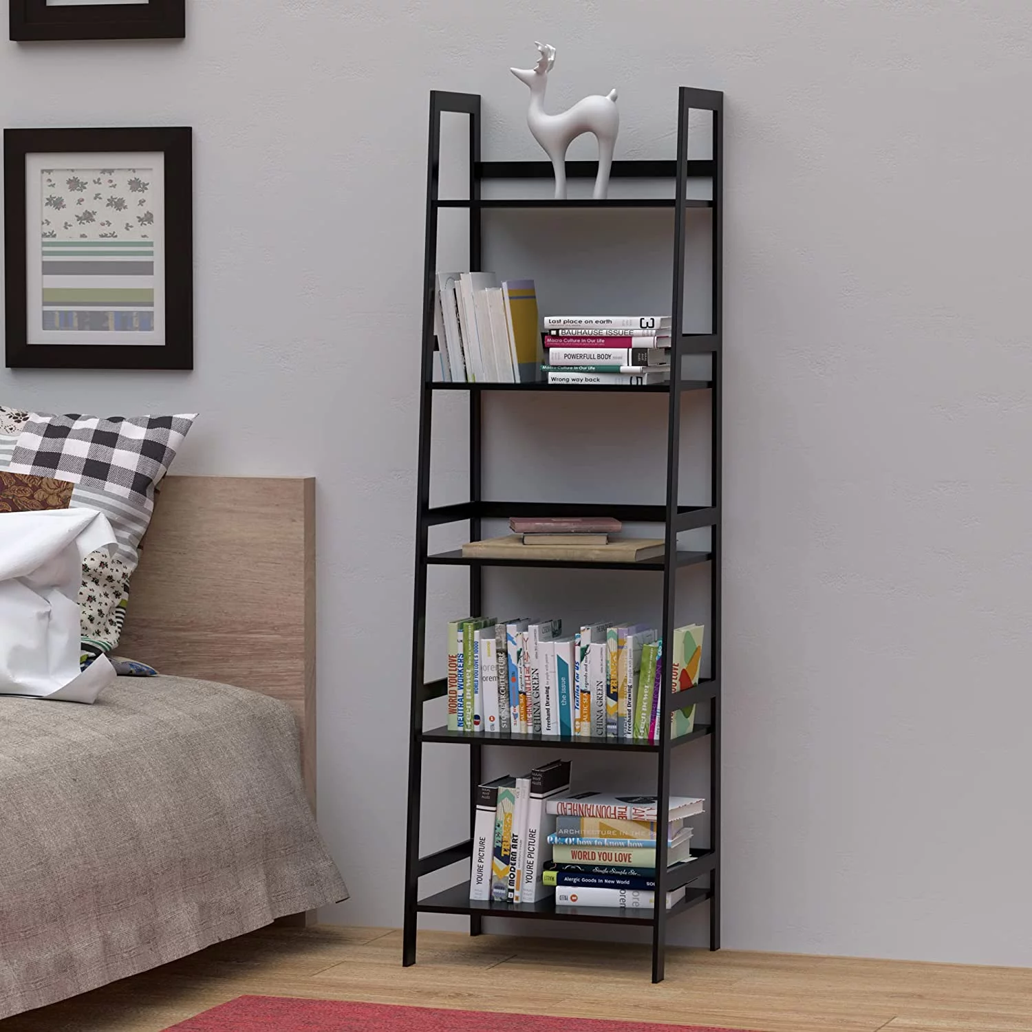 DFITO Bookshelf, Ladder Shelf, 5 Tier Bamboo Bookcase, Office, BC-238 Black
