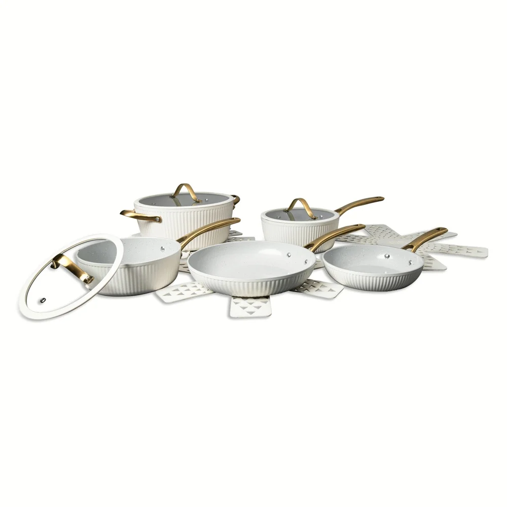 Thyme & Table 12-Piece Ceramic Non-Stick Ribbed Cookware Set, White & Gold