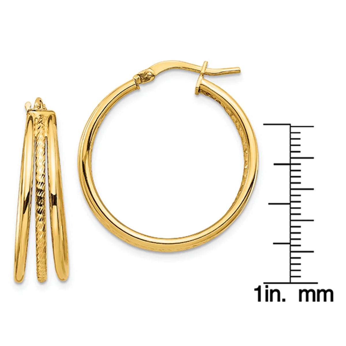 Primal Gold 14 Karat Yellow Gold Polished and Textured Medium 3 Hoop Earrings