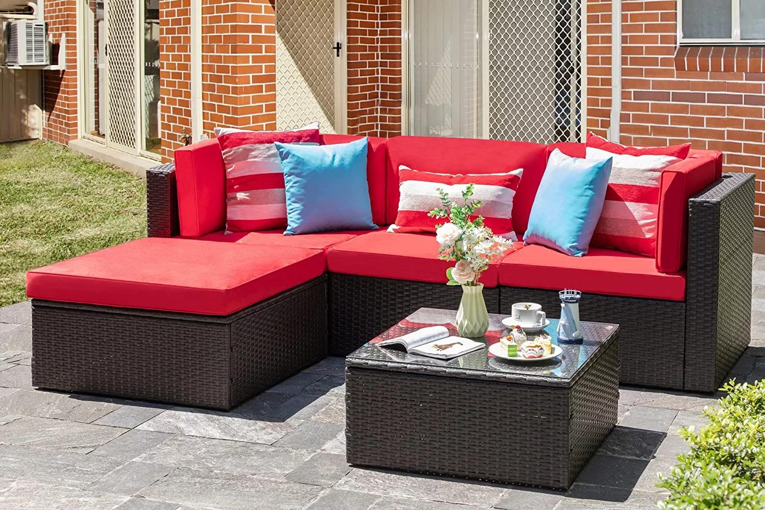 5 Piece   All-Weather Brown PE Wicker Outdoor Couch Sectional Patio Set  Small Patio Conversation Set Garden Patio Sofa Set w/Ottoman  Glass Table  Red
