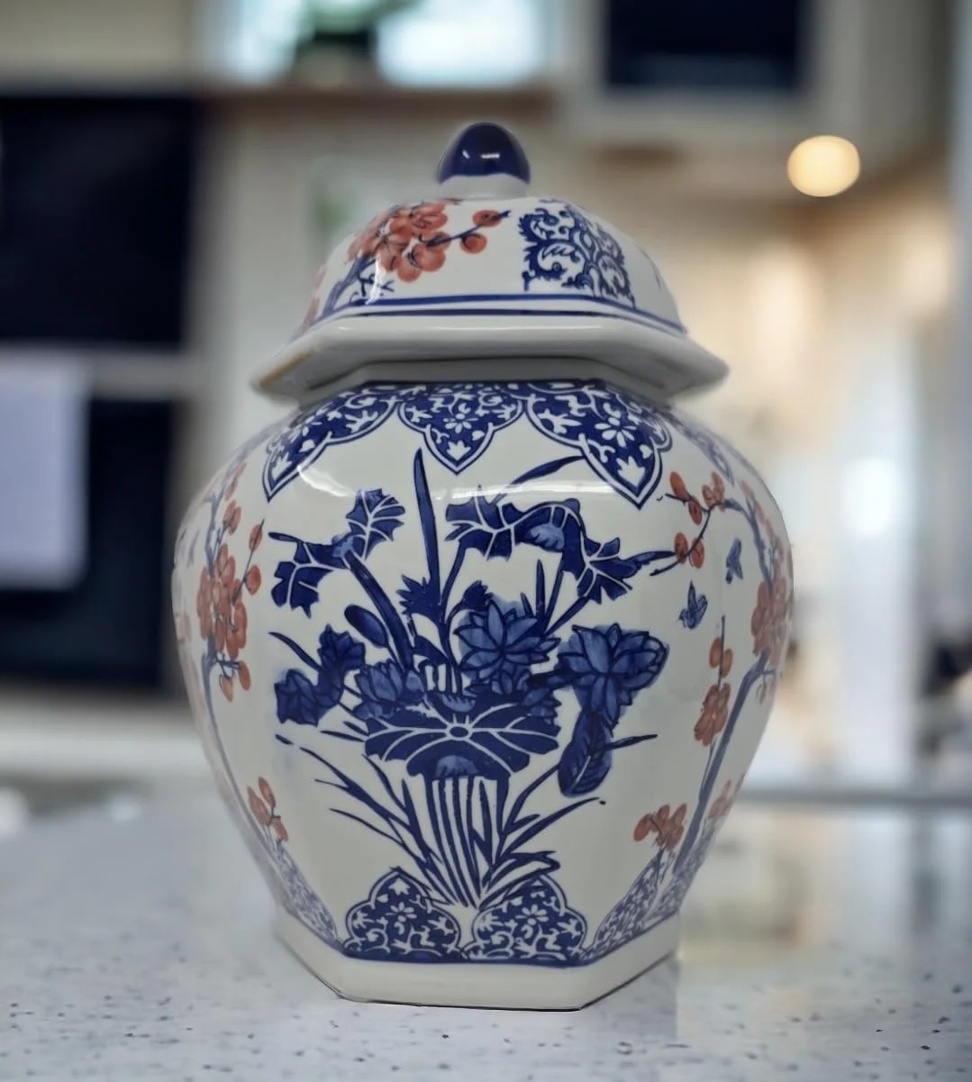 Blue And White Porcelain Ceramic Covered Floral Jar Vase, Food Container Storage Lotus Plum Blossoms,(J23), 12 Inch