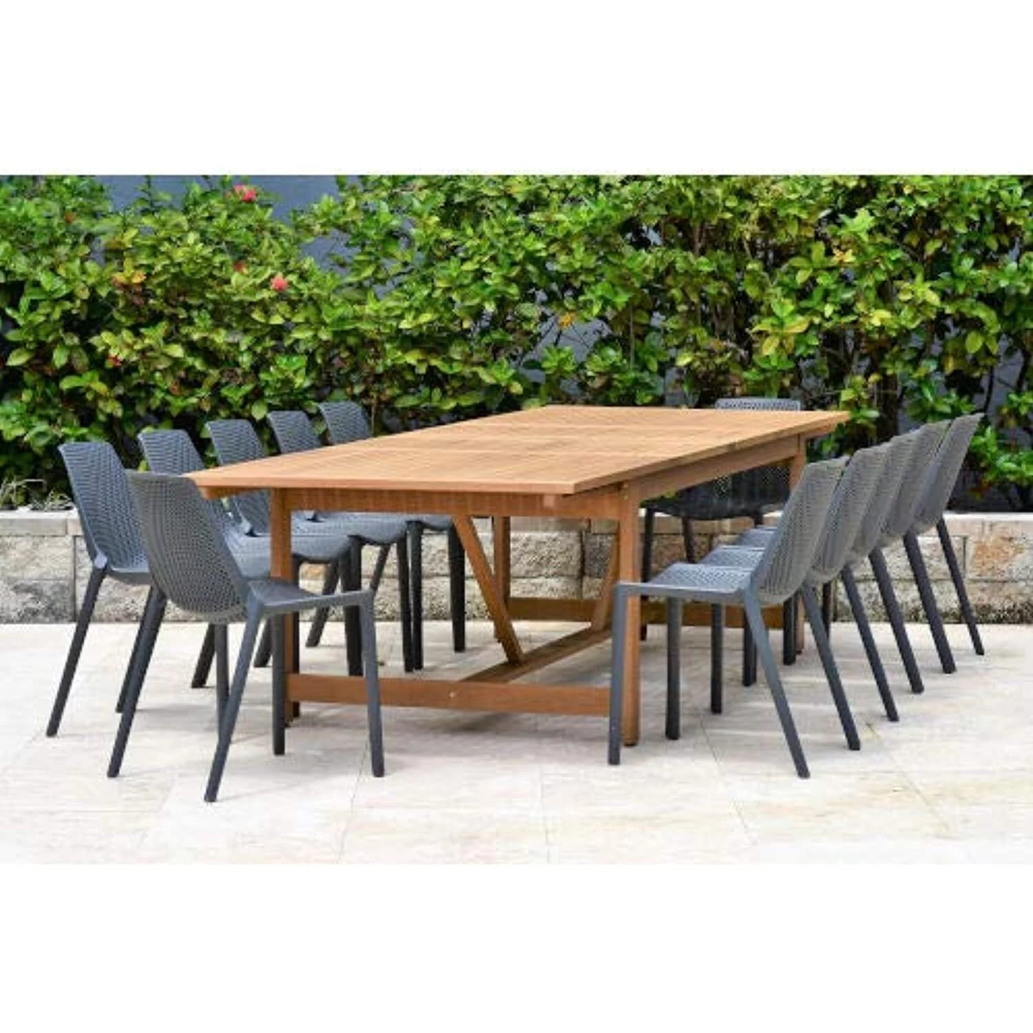 Amazonia Sequoia 13 Piece Eucalyptus Patio Dining Set  Teak Finish Table with Grey Resin Chairs Durable and Ideal for Outdoors