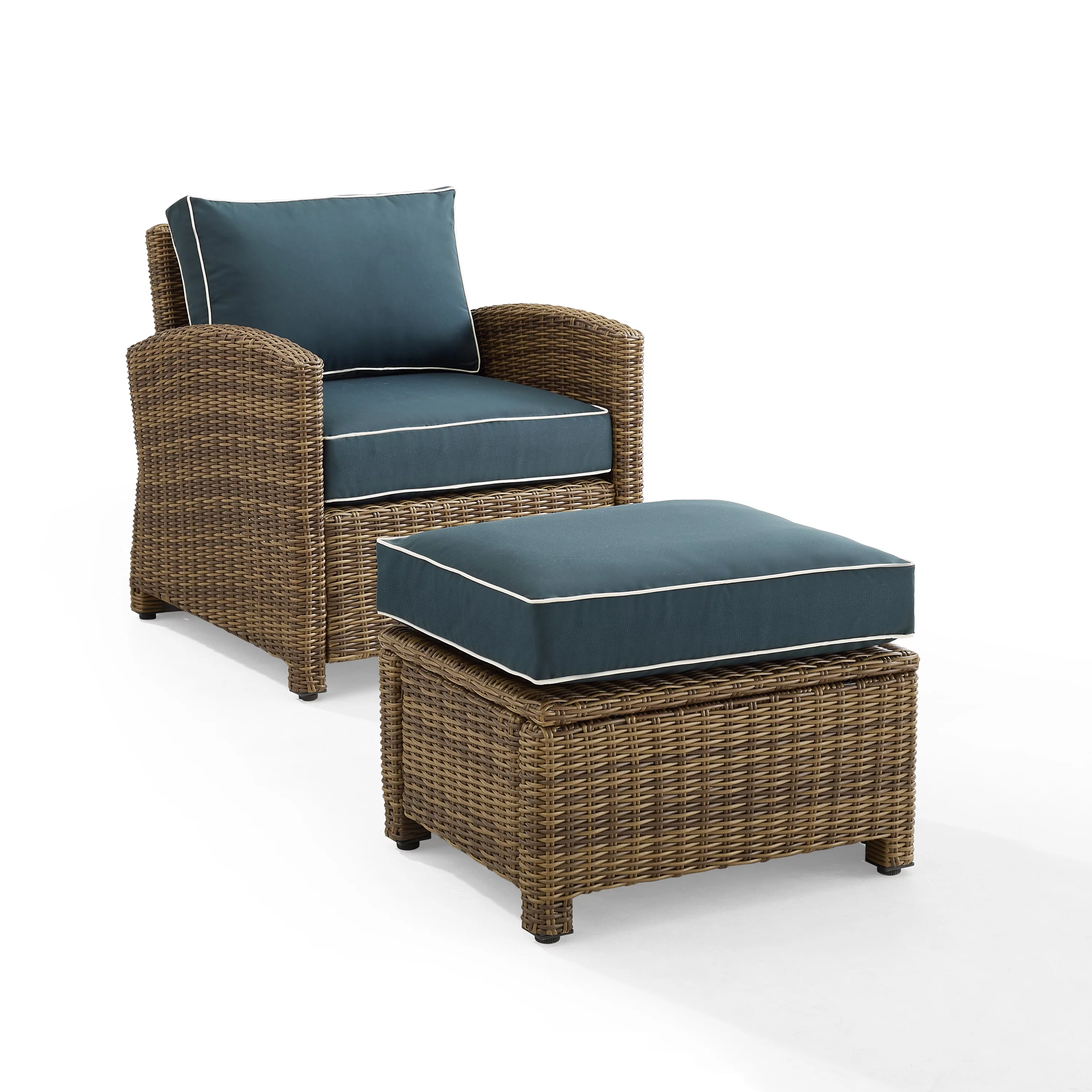 Crosley Furniture Bradenton 2PC Wicker / Rattan Armchair & Ottoman in Navy/Brown