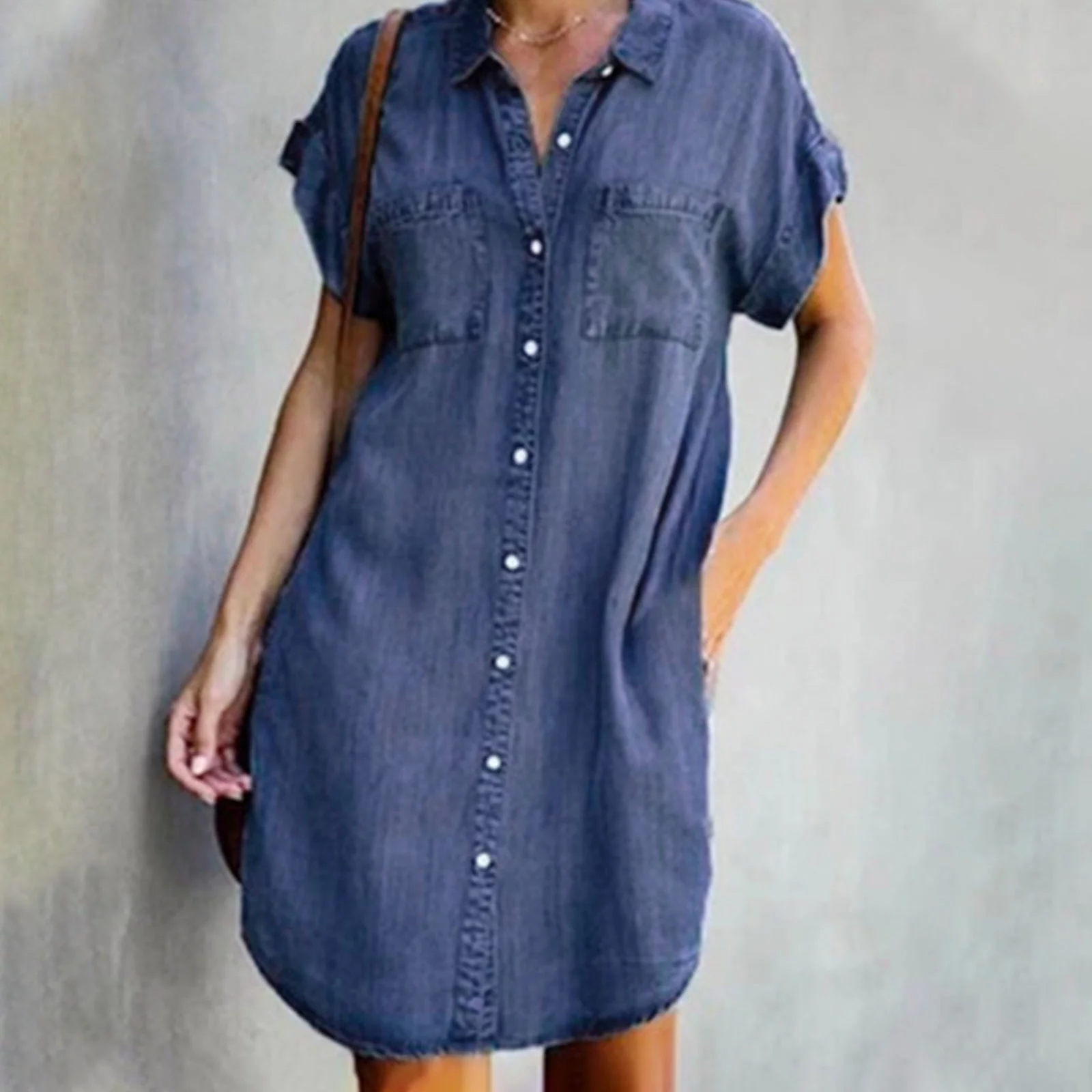 OAVQHLG3B Summer Denim Shirt Dresses for Womens Short Sleeve Loose Jean Midi Dress Button Down Casual Shift Dress Tunic Top