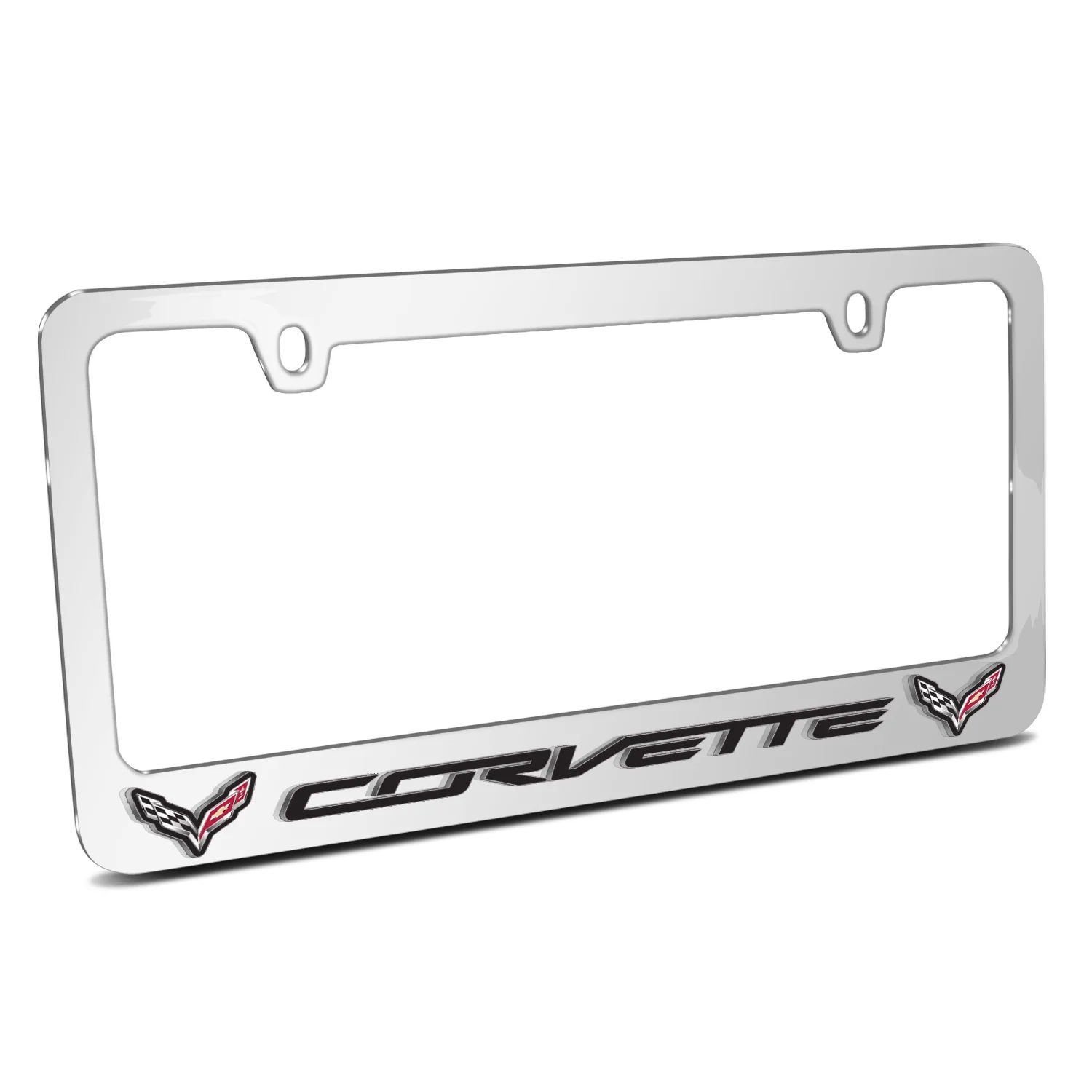 Chevrolet Corvette C7 Dual Logo 3D Embossed Letters on Mirror Chrome Metal License Plate Frame