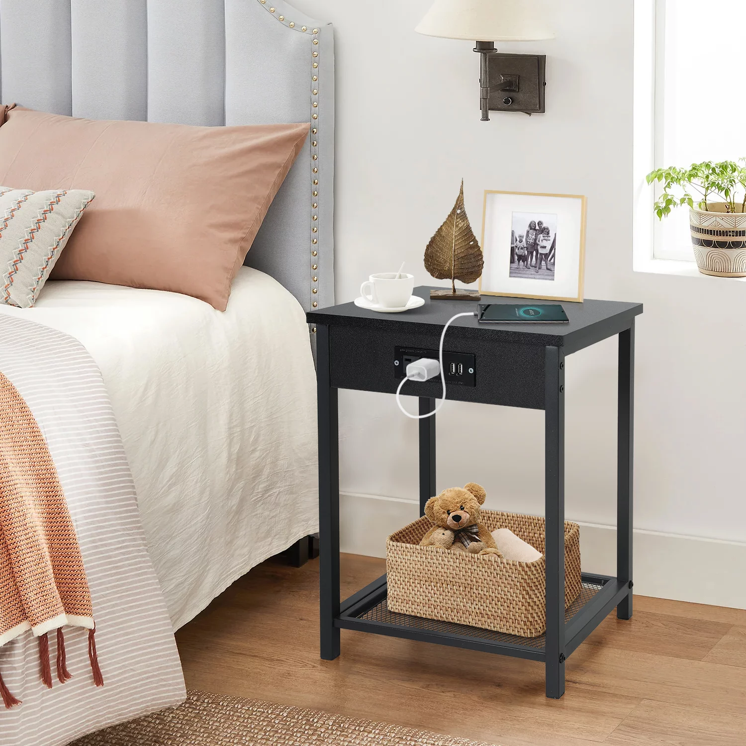 PayLessHere Nightstand, Bedside Furniture, Night Stand, End Table with Charging Station Set of 2 Side End Table with 2 USB Ports and Power Outlets, Living Room, College Dorm (Black)