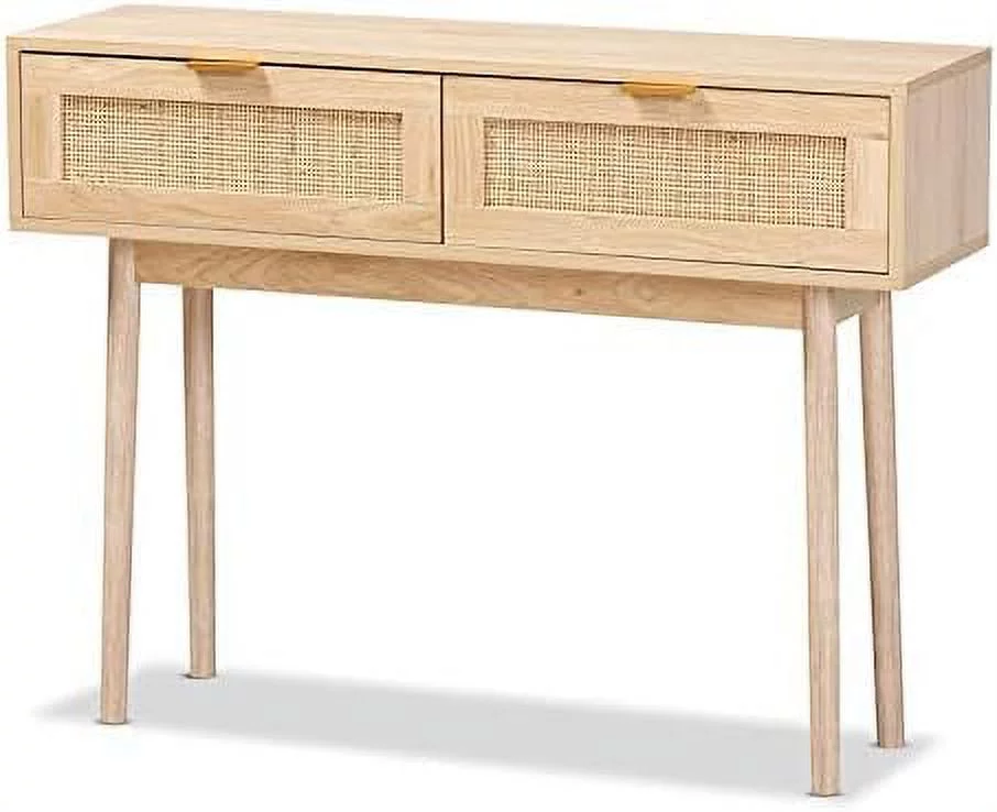GVJMTKP Light Oak Brown Finished Wood and Rattan 2-Drawer Console Table