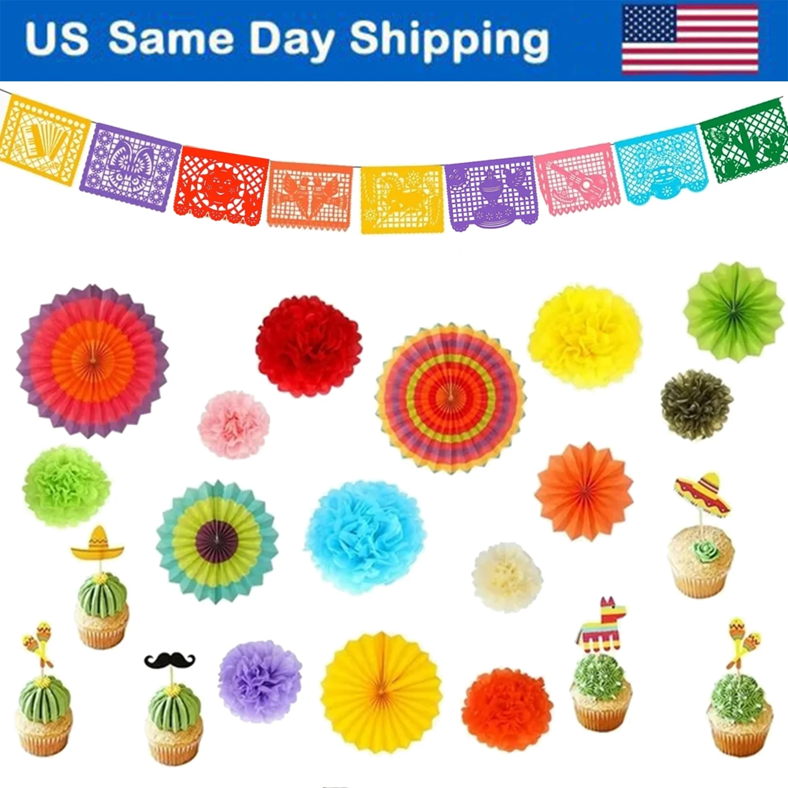 42Pcs Cinco de Mayo Fiesta Supplies Paper Flowers, Hanging Paper Fans and Banner for Mexican Themed Party Decorations, Carnivals