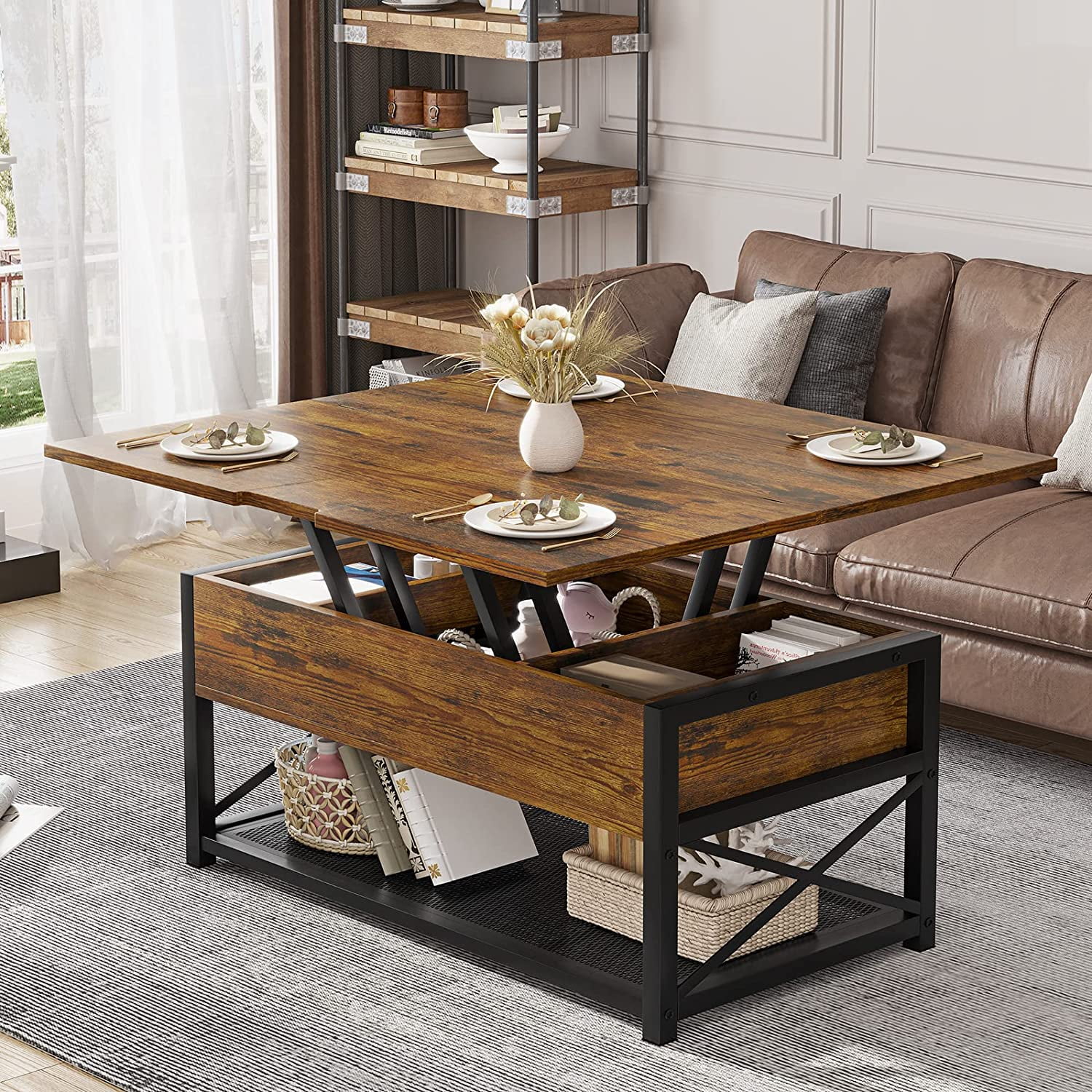 3 in 1 Multi-Function Coffee Table, Lift Top Coffee Table with Storage for Living Room, Rustic Brown