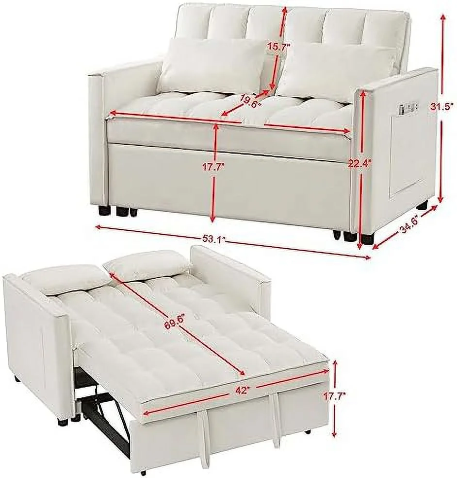 xrboomlife 3 in 1 Convertible Sleeper Sofa Bed  Modern Velvet Loveseat Futon Couch w/Pullout Bed  Small Love Seat Lounge Sofa w/Reclining Backrest  Toss Pillows  Pockets   for Living Room