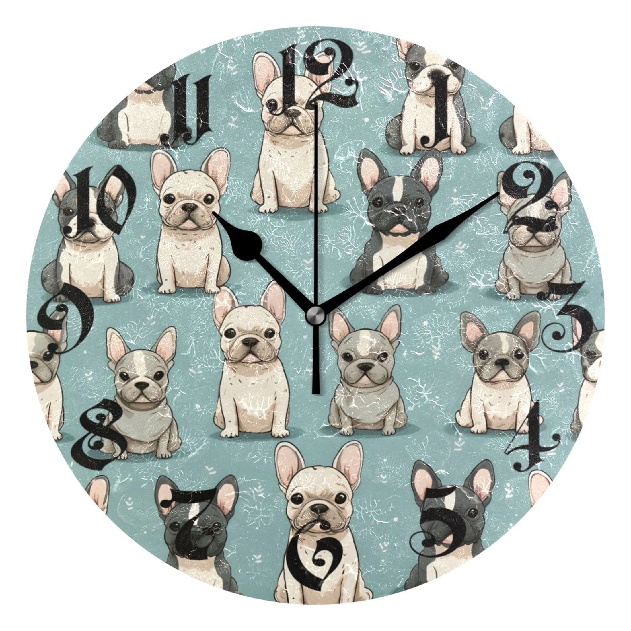 Wall Clock 10 Inch Silent Non-Ticking 8 Dogs with Blue Battery Operated Rustic Retro for Living Room Home Kitchen Bathroom