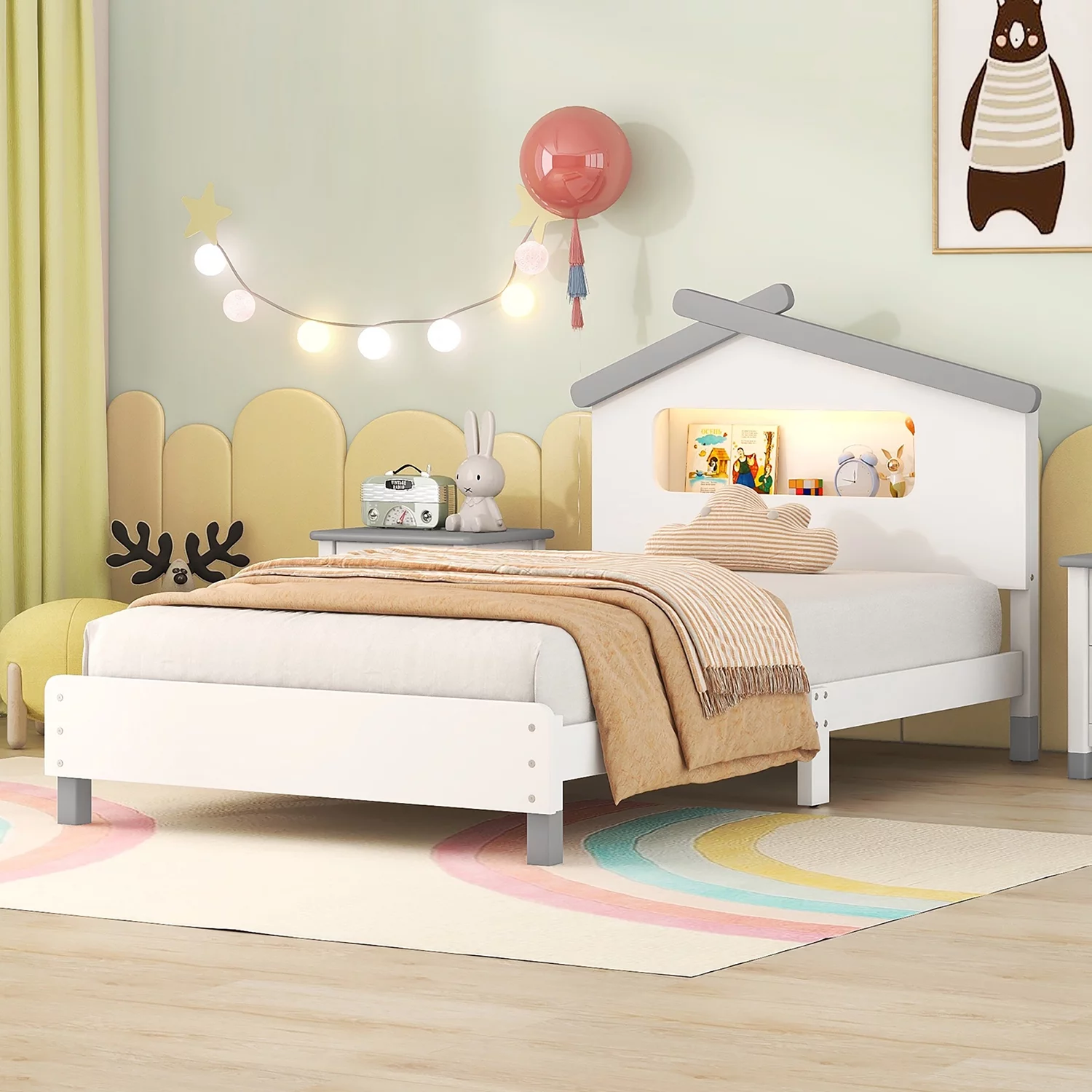 Churanty Wooden Twin Size Platform Bed with House Shaped Headboard and Night Lights for Kids Girls Boys,White