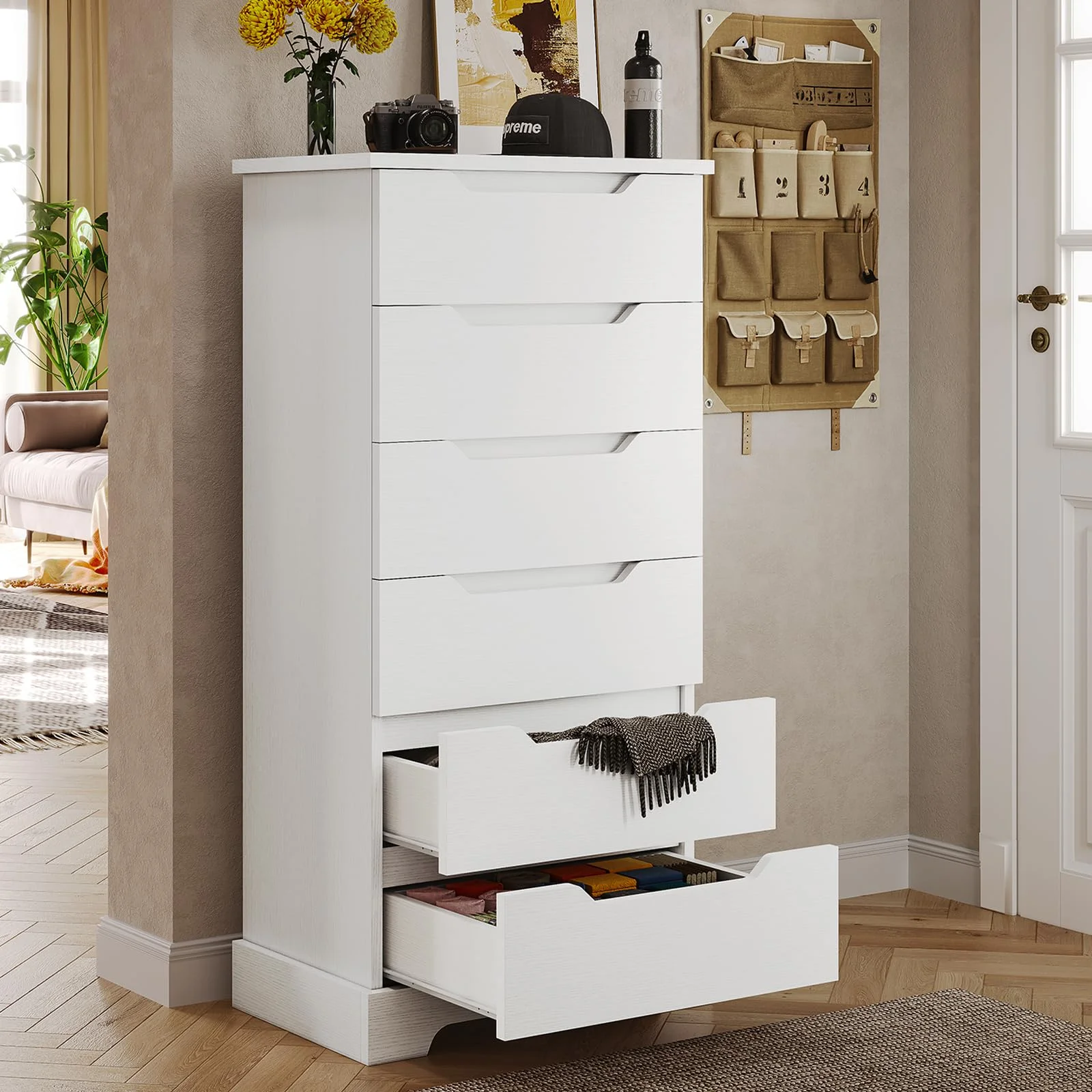 AOGLLATI 6 Drawer Dresser for Bedroom, Vertical Storage Dresser,Tall Skinny Dresser Chest of Drawers Storage Cabinet for Living Room,White