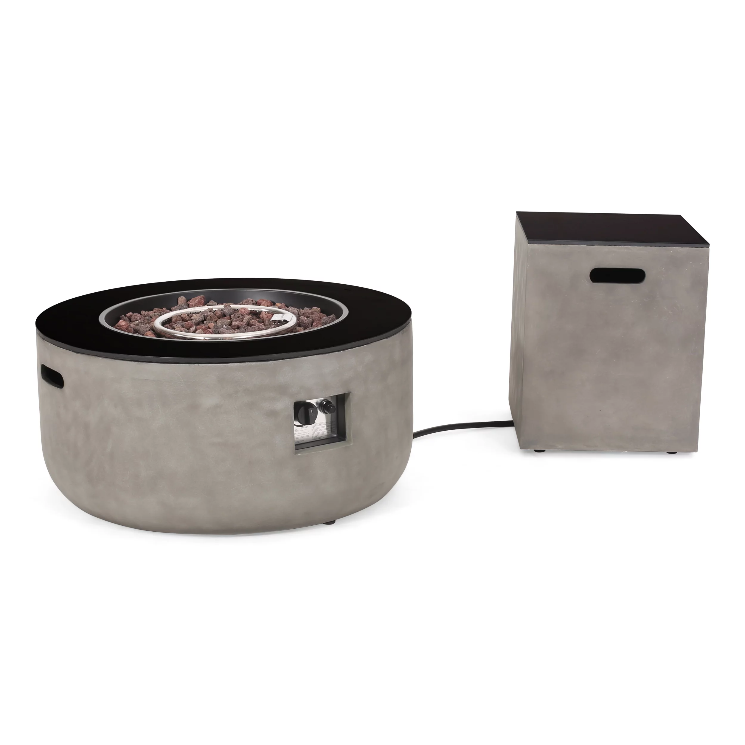 Elian Outdoor Modern 31-Inch Circular Fire Pit with Tank Holder, Light Gray, Gloss Black