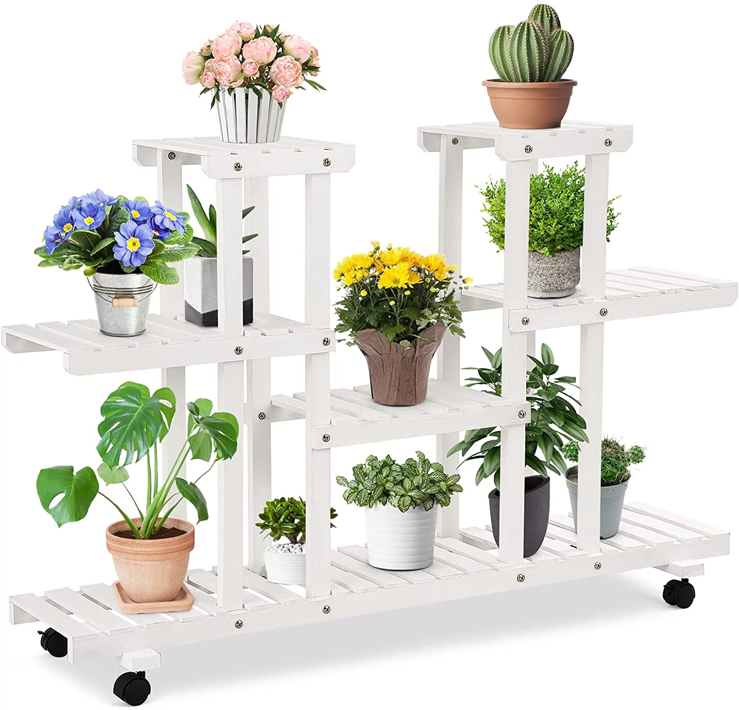 Giantex Rolling Flower Rack Wood Plant Stand on Wheels 6 Wood Shelves 12 Pots Bonsai Display Shelf Indoor Outdoor Yard Garden Patio Balcony Living Room Storage Rack Bookshelf Hollow Shelves (White)