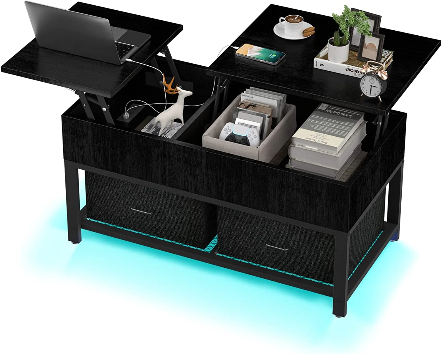 Lift Top Coffee Table with  for Living Room LED  39.4" Modern Square Center Tables with USB Charging Port  Black