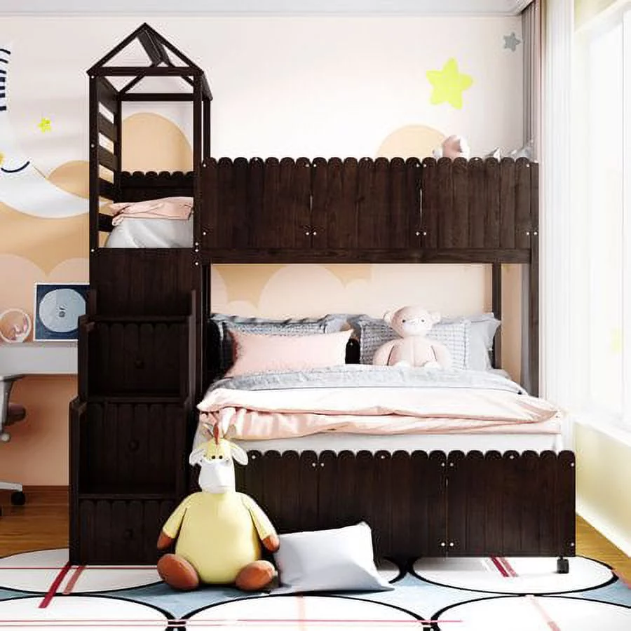 CHURANTY Wood Twin Over Full Loft Bed Stairway House Bed with Stairs and Drawers,Full-Length Guardrail Fence and Roof for Boys Girls No Box Spring Needed, Espresso