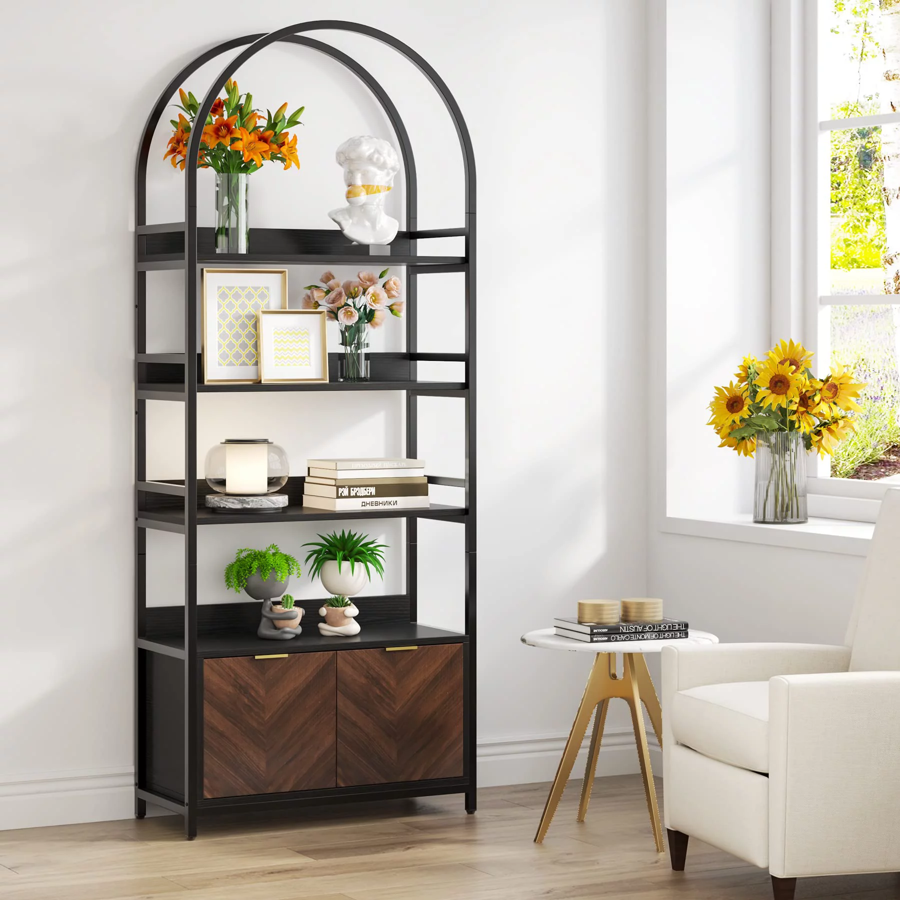Tribesigns Modern Tall Etagere Bookcase with Cabinet for Living Room