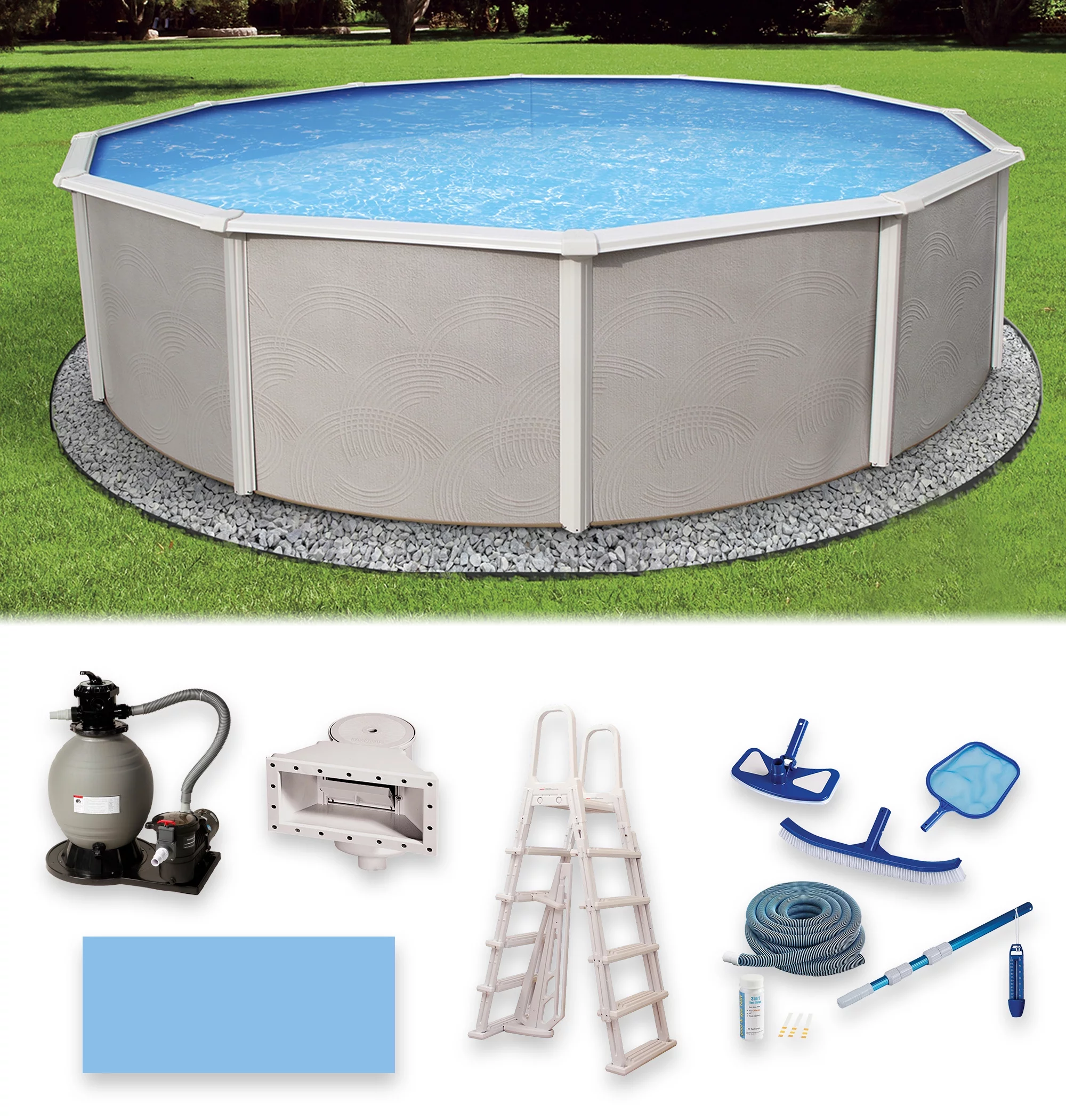 Belize 15-ft Round 48-in Deep 6-in Top Rail Metal Wall Swimming Pool Package