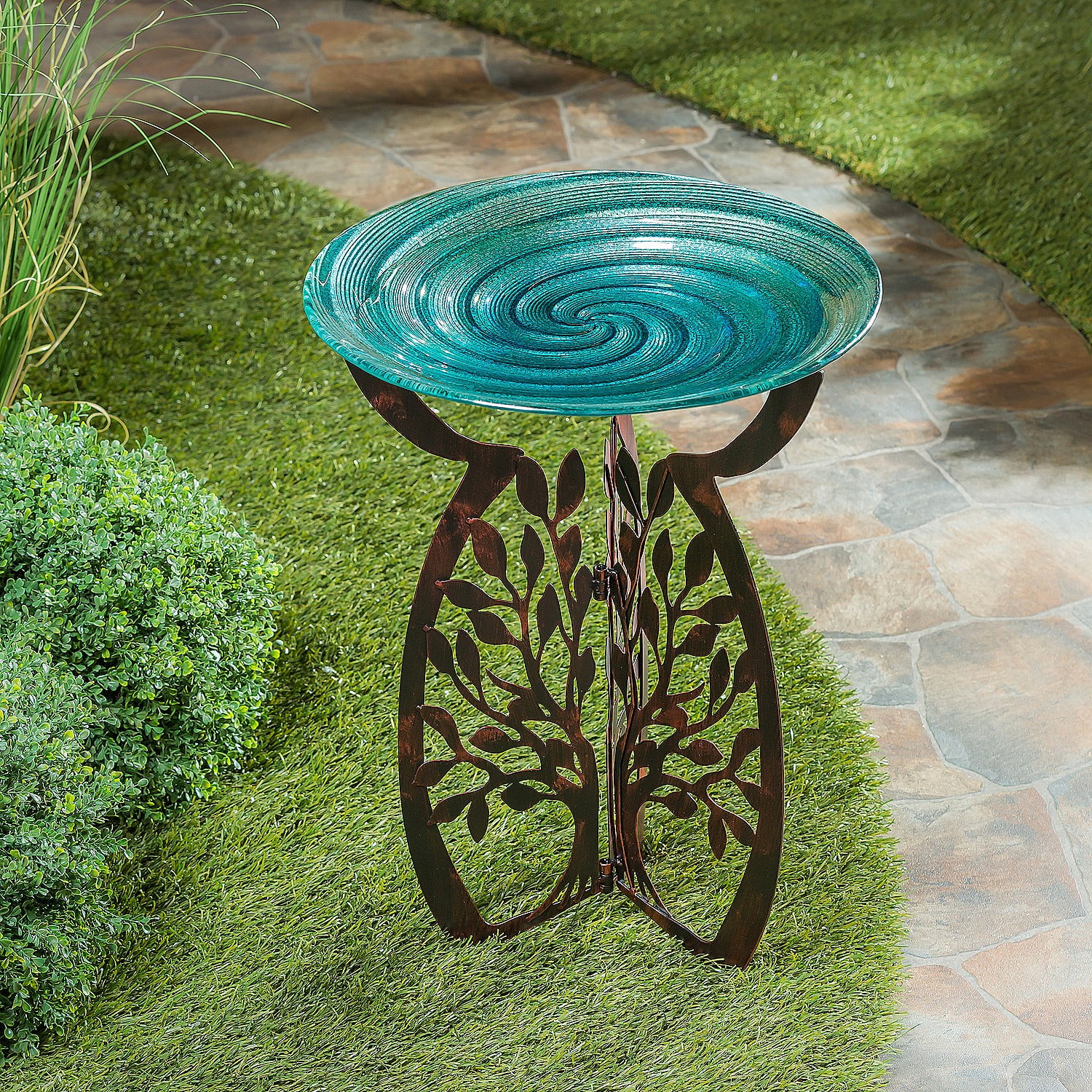 Evergreen Laser Cut Bird Bath Stand and Glass Embossed Bird Bath Set, Tree of Life