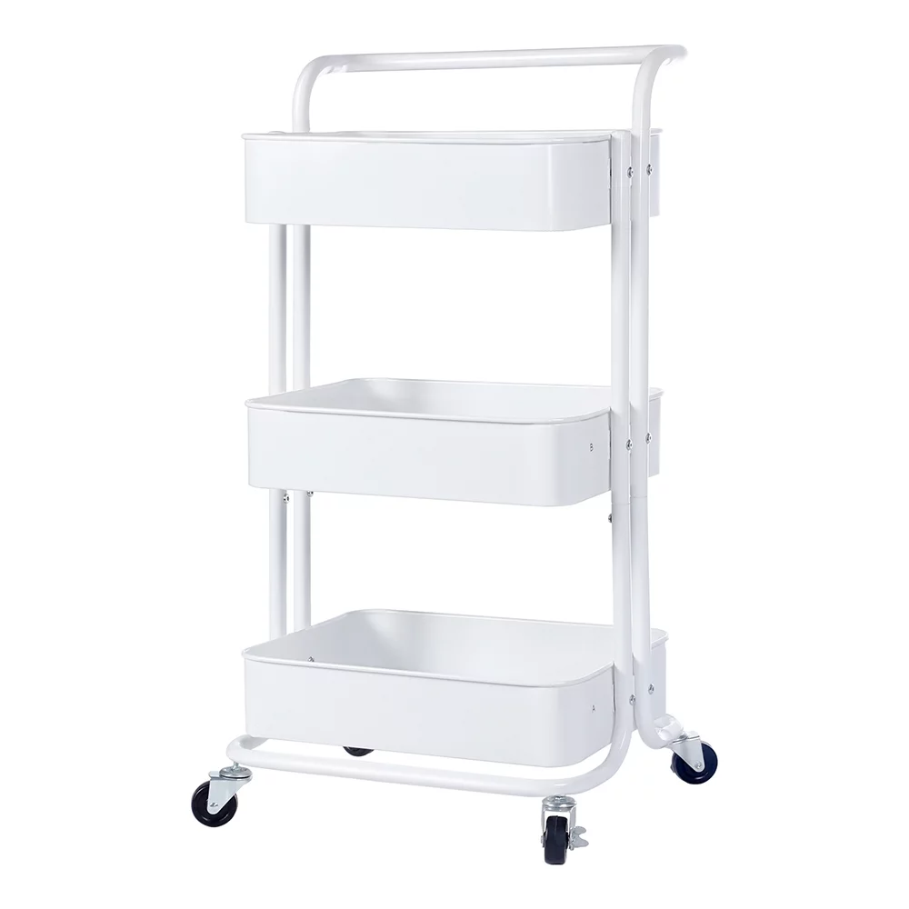 3-Tier Rolling Cart, Metal Utility Cart with Lockable Wheels & Handle for Living Room, Bedroom, Kitchen, Office (White)