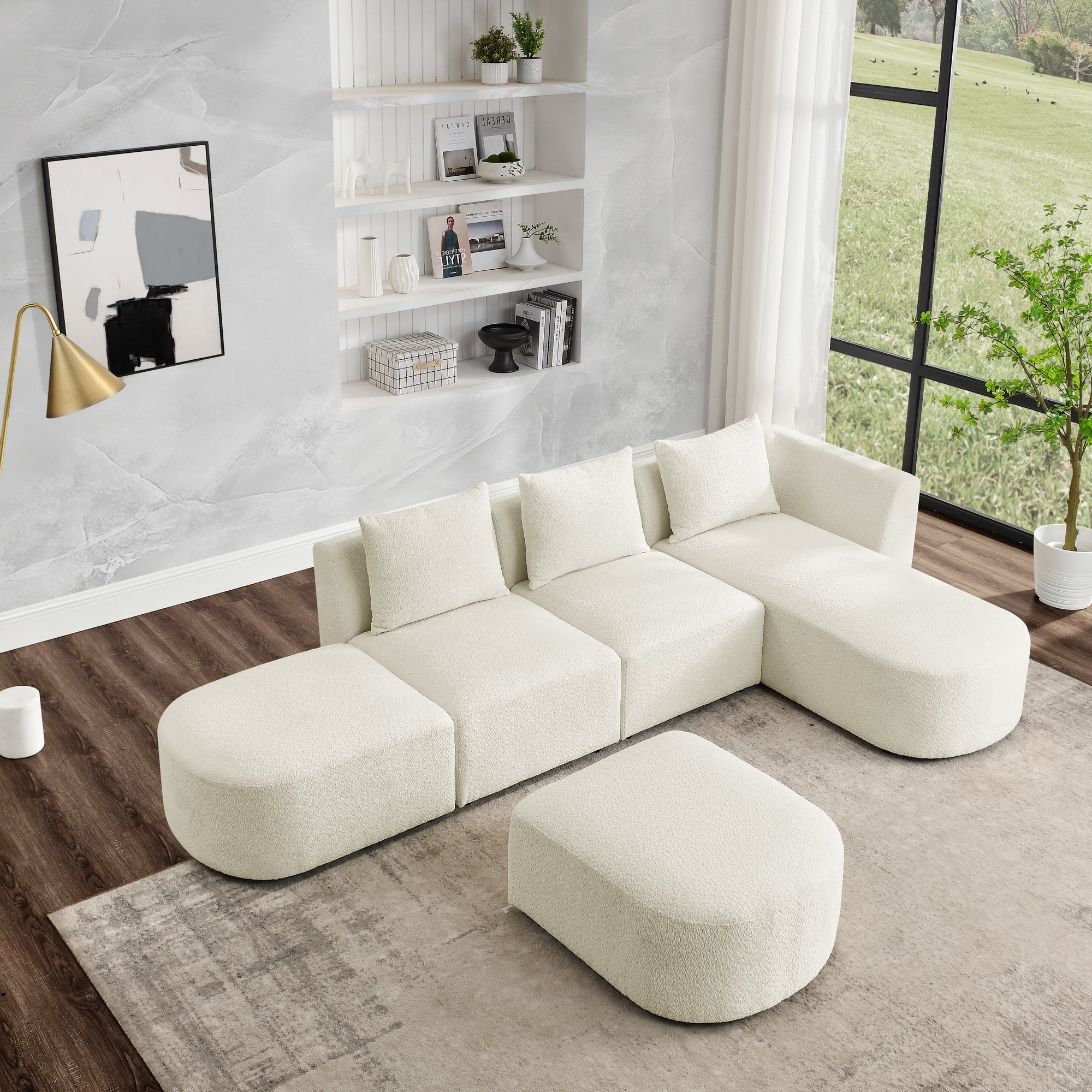 Homiyad L Shape Sectional Sofa with Right Side Chaise and Ottoman, Modular Sofa, Diy Combination, Loop Yarn Fabric, Beige