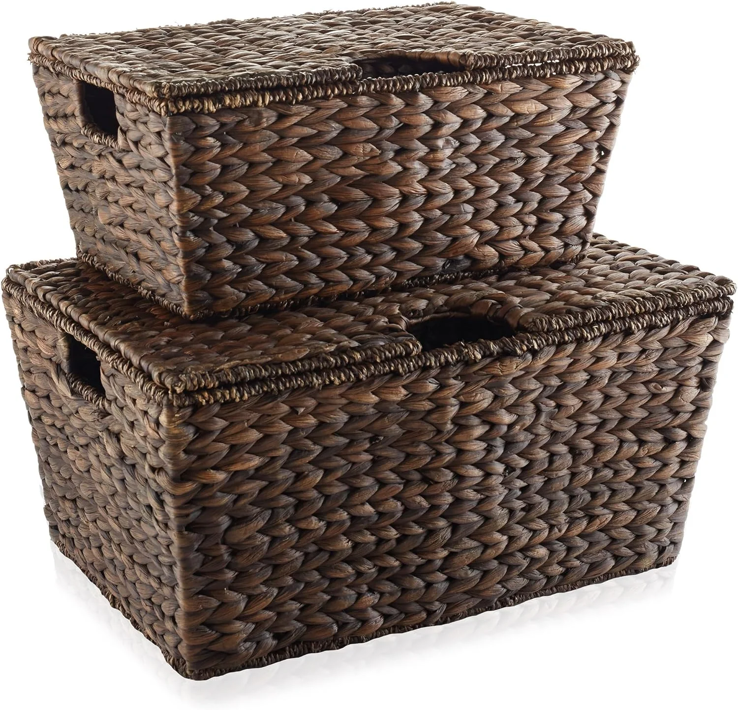 Set Of 2 Water Hyacinth Storage Baskets With Tapered Bottoms And Lids (Medium/Large), Multipurpose Organizers For Bedroom, Bathroom, Laundry, Home Office