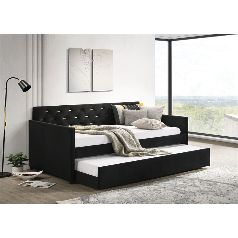 Pemberly Row Velvet Upholstered Tufted Twin Daybed with Trundle Black