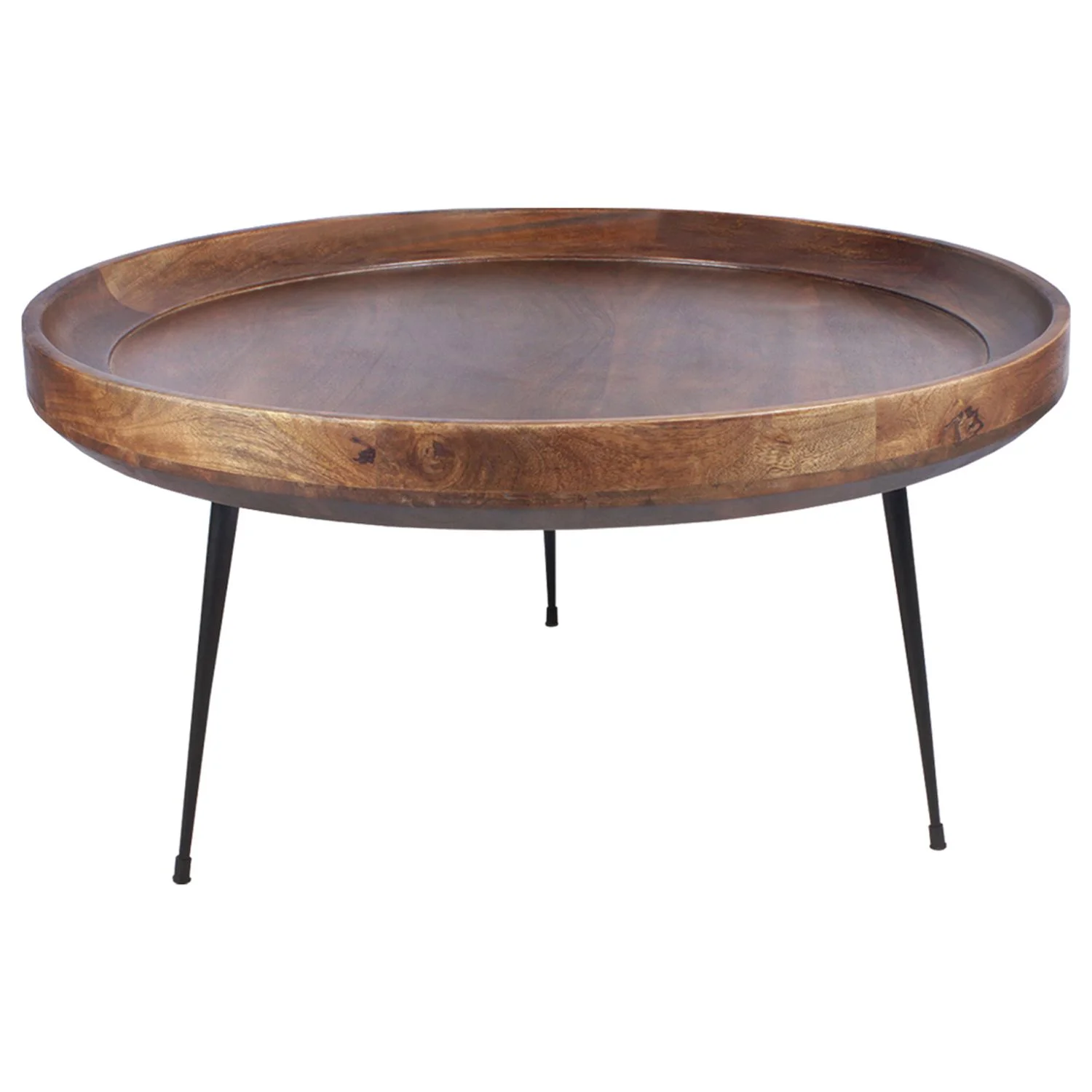 Maykoosh Lakefront Luxury Round Mango Wood Coffee Table With Splayed Metal Legs, Brown And Black