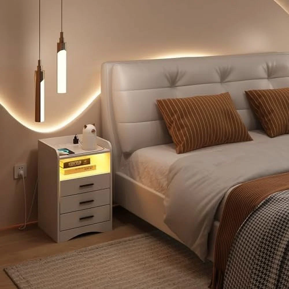 xrboomlife Multi-Functional White Nightstand  with Charging Station and LED Lighting  3 Drawers and 2 Open Shelves  Suitable for Bedroom and Living Room Bed