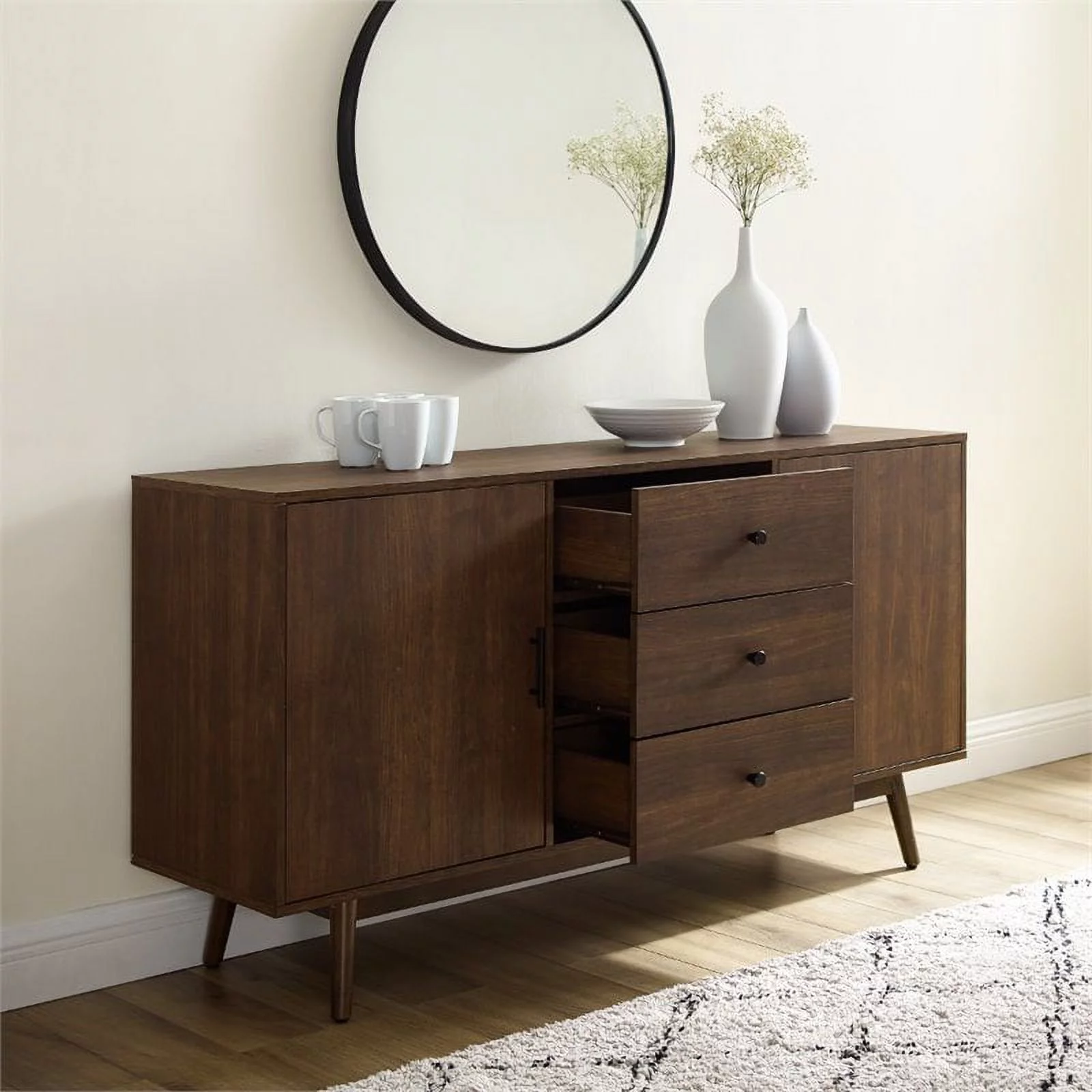 Pemberly Row 3-Drawer Mid-Century Wood Sideboard Buffet Cabinet in Brown