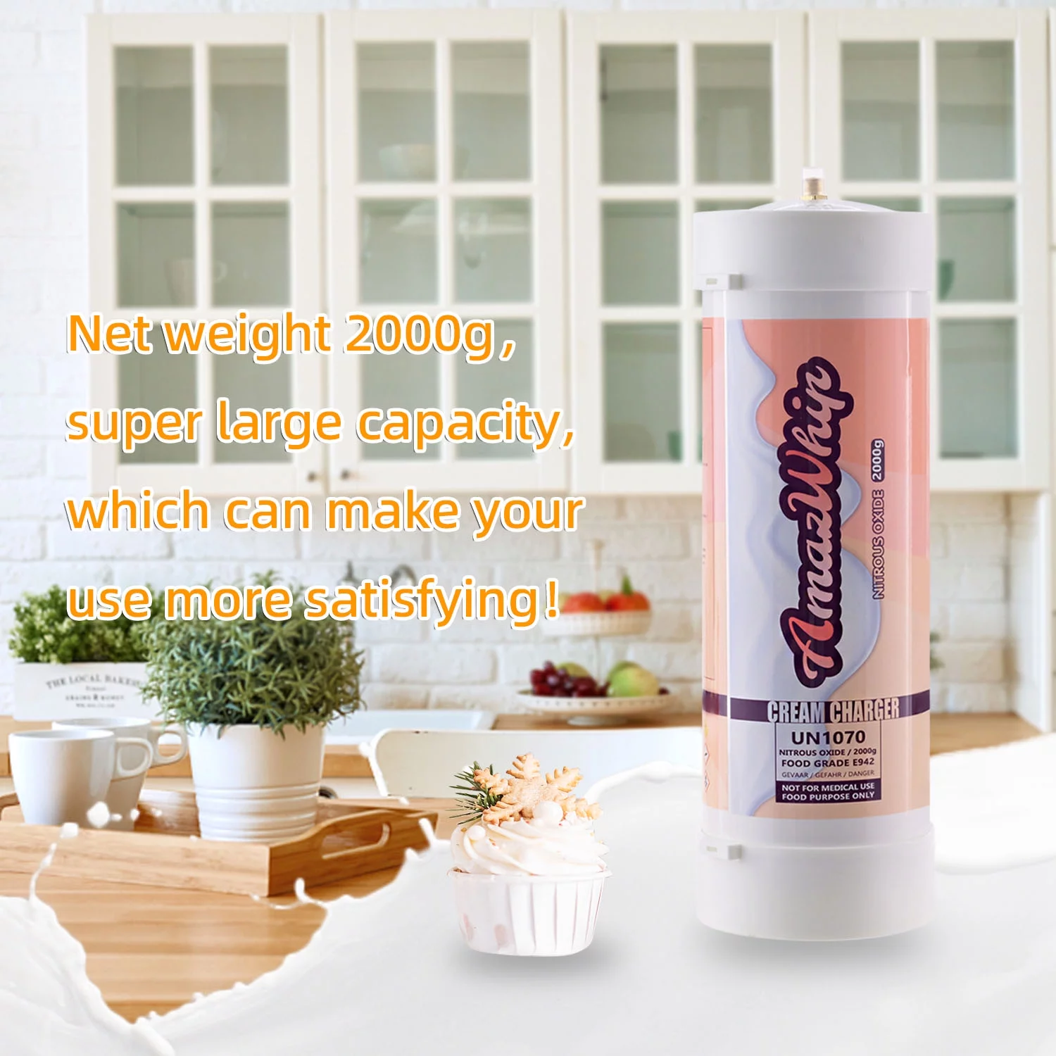 AmazWhip 2000G Whipped Cream Charger, 3.3L Cream Charger Tanks (1 Cylinder)