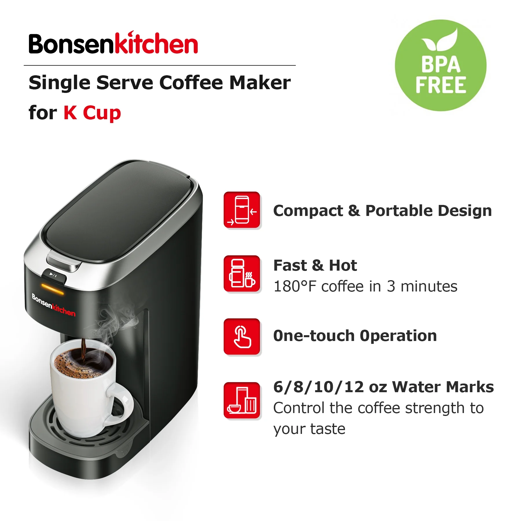 Bonsenkitchen Single Serve Coffee Maker for K-Cup Capsule,  One Cup of Coffee Small Coffee Machine
